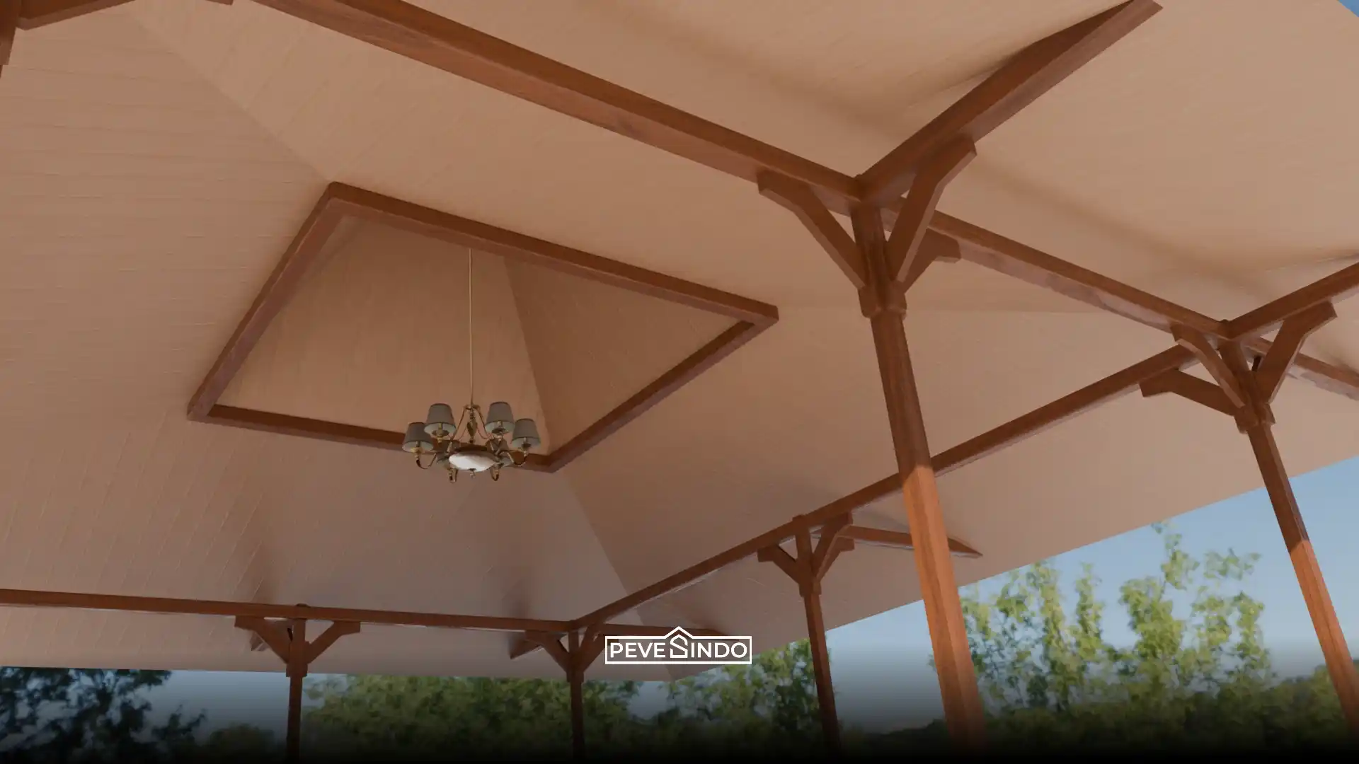 Plafon PVC serat kayu warna terang yang dipasang di atap gazebo taman.