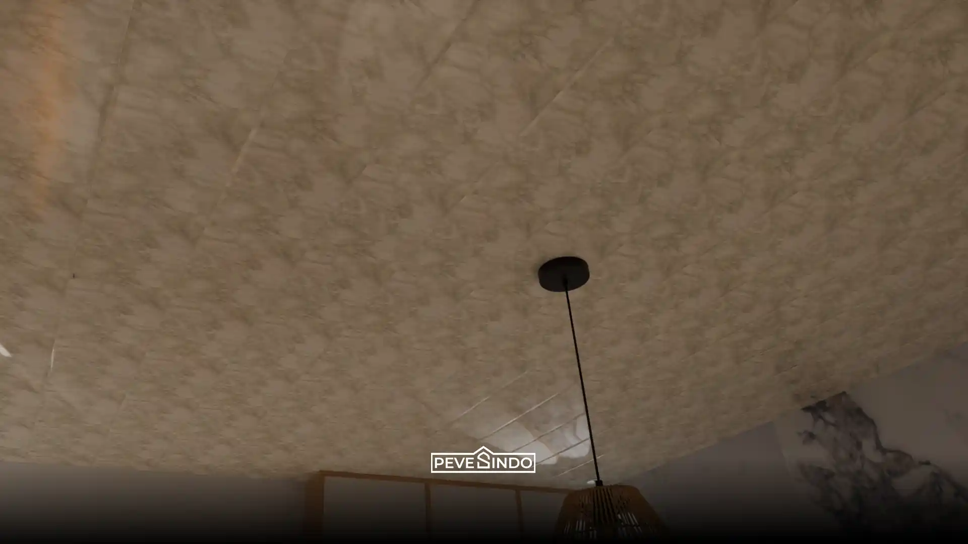 Desain interior kamar tidur gaya Japandi dengan plafon PVC motif abstrak terang bergaris lurus, dikombinasikan dengan dinding aksen UV board marmer putih dan headboard WPC panel kayu.