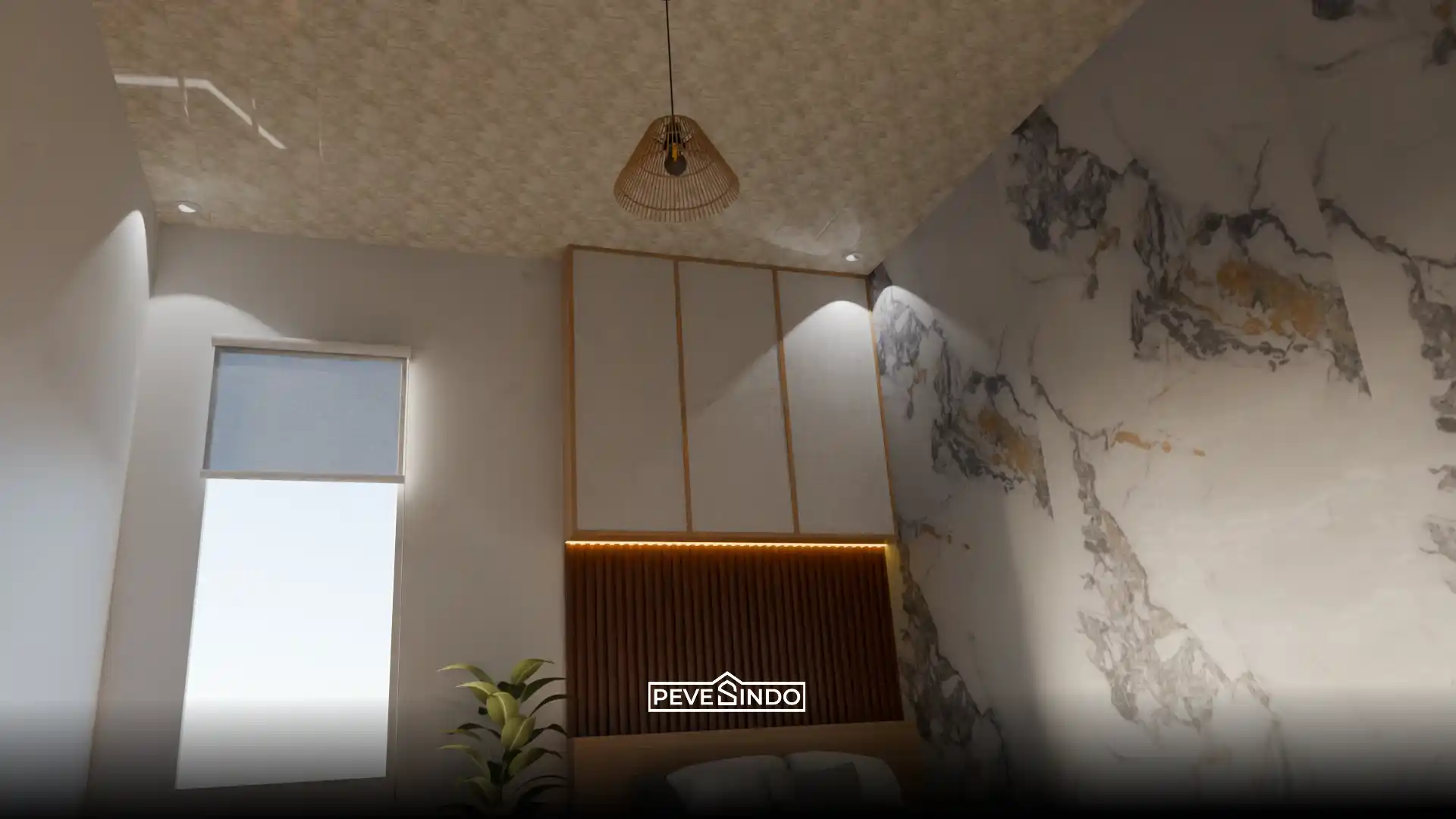 Desain interior kamar tidur gaya Japandi dengan plafon PVC motif abstrak terang bergaris lurus, dikombinasikan dengan dinding aksen UV board marmer putih dan headboard WPC panel kayu.