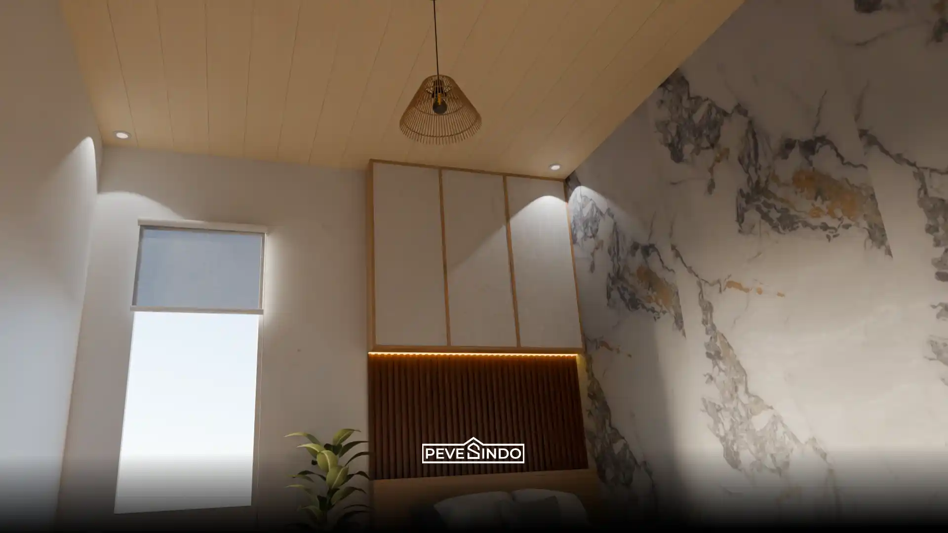 Detail pemasangan plafon PVC motif kayu natural dengan garis sambungan lurus yang rapi di kamar tidur Japandi, dilengkapi lampu gantung minimalis berwarna hitam.