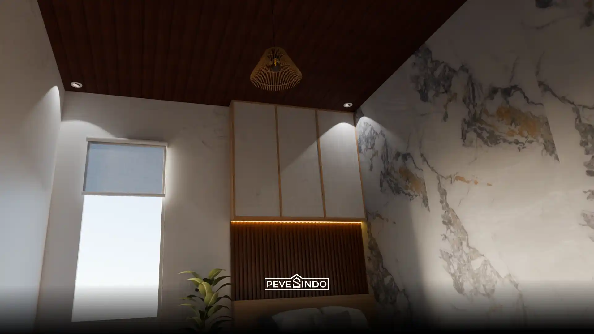 Desain interior kamar tidur Japandi mewah dengan plafon PVC motif kayu gelap bergaris memanjang, dipadukan dengan dinding UV board marmer putih dan headboard WPC panel.