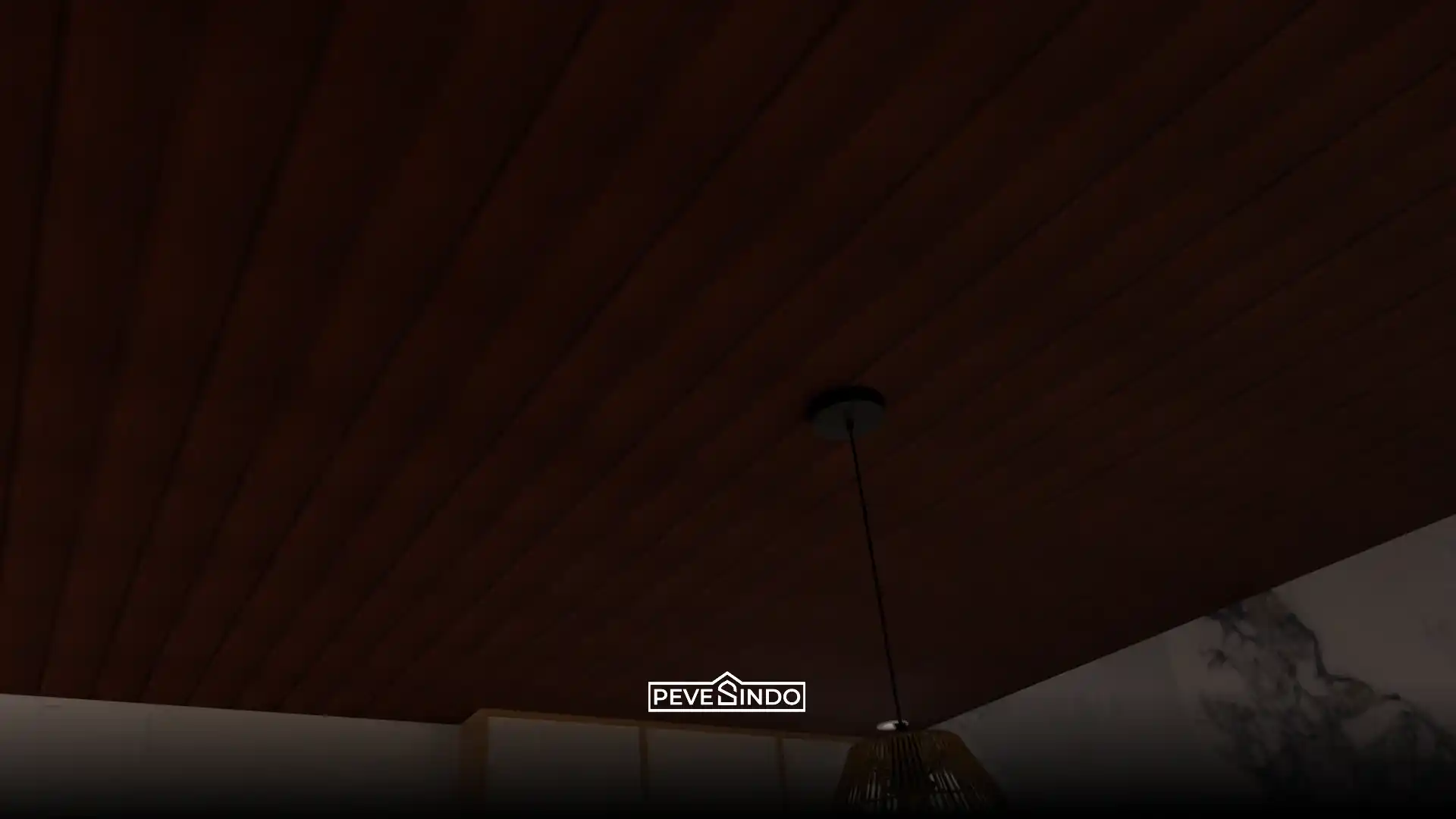 Desain interior kamar tidur Japandi mewah dengan plafon PVC motif kayu gelap bergaris memanjang, dipadukan dengan dinding UV board marmer putih dan headboard WPC panel.