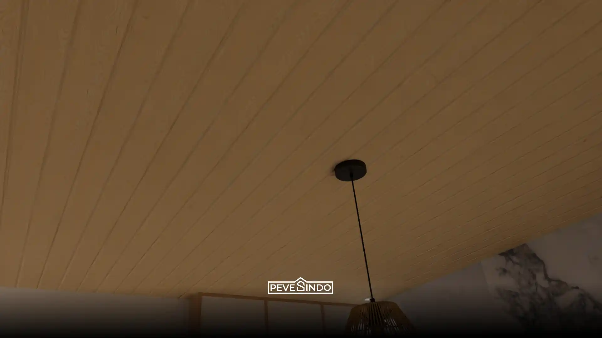 Desain kamar tidur gaya Japandi yang menggunakan plafon PVC motif kayu terang dengan garis memanjang untuk kesan luas, dipadukan dengan headboard WPC panel dan dinding UV board marmer.