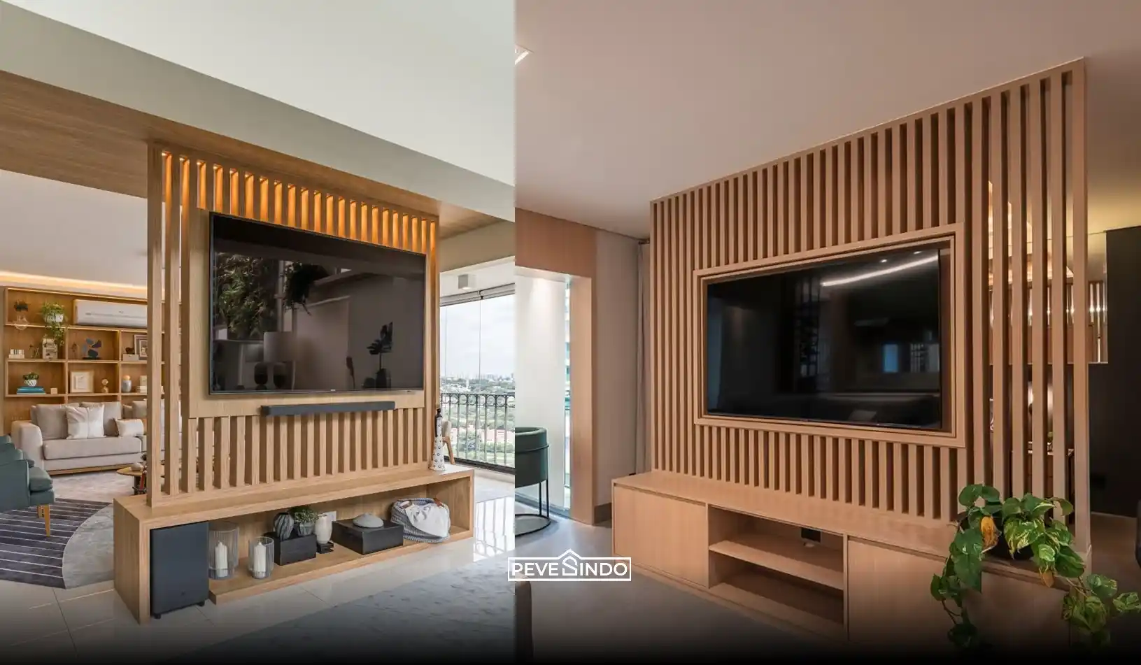 Pemasangan kisi kisi kayu WPC di belakang TV untuk menyembunyikan kabel.