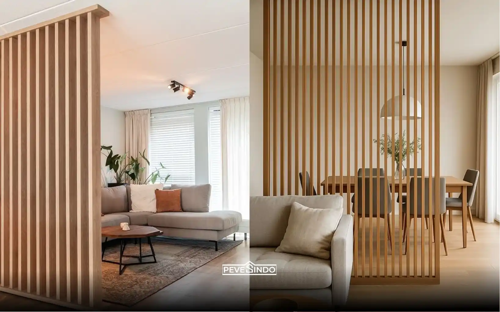 Area pintu masuk rumah dengan dekorasi dinding kisi kisi kayu yang mewah.