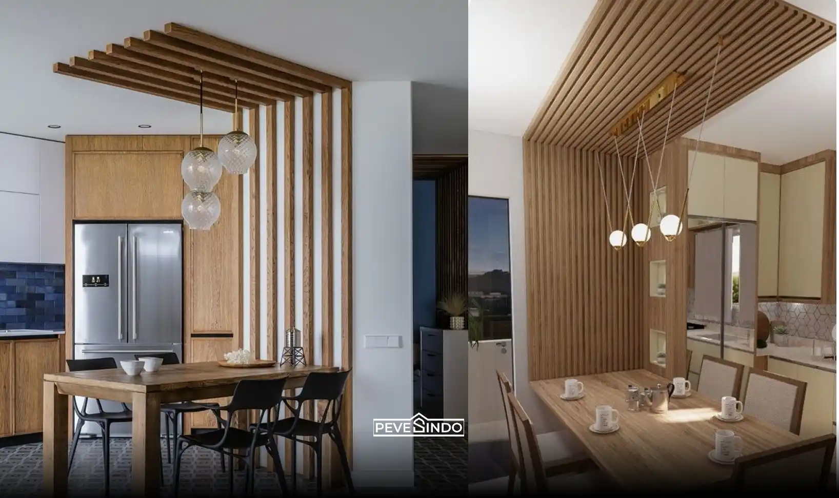 Kisi kisi kayu WPC sebagai pembatas visual di ruang makan terbuka.