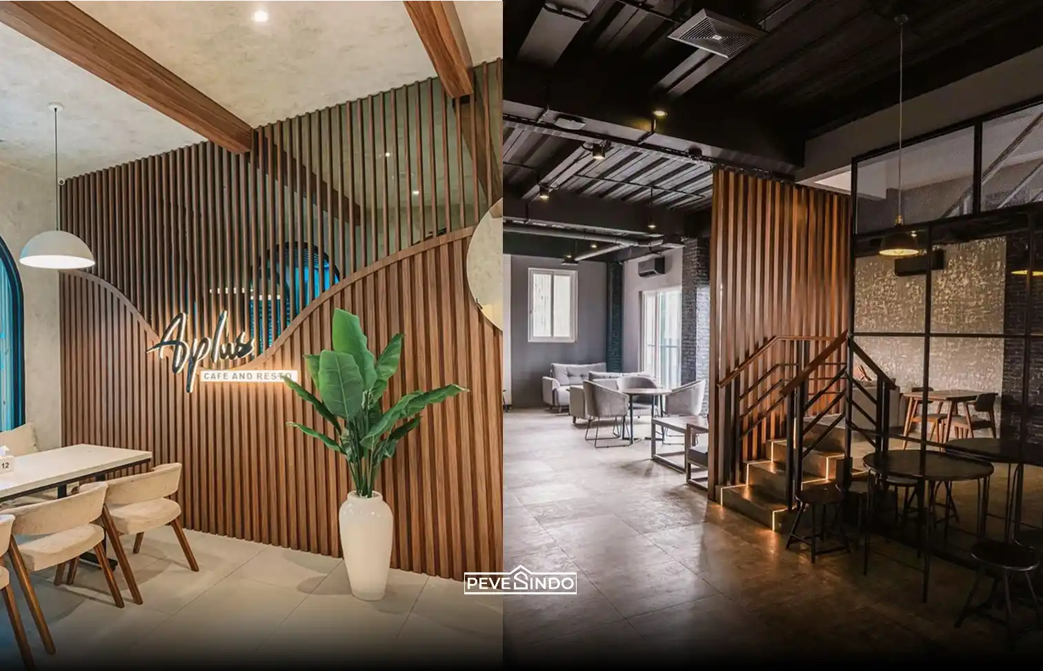 Sudut foto instagenic di kafe menggunakan background kisi kisi kayu WPC.