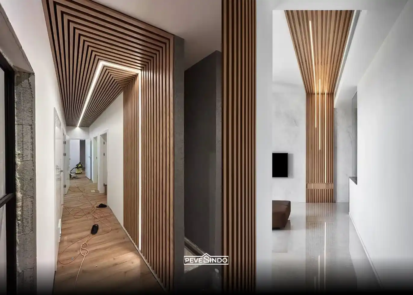 Lorong rumah sempit yang terlihat luas dengan aksen kisi kisi kayu vertikal.