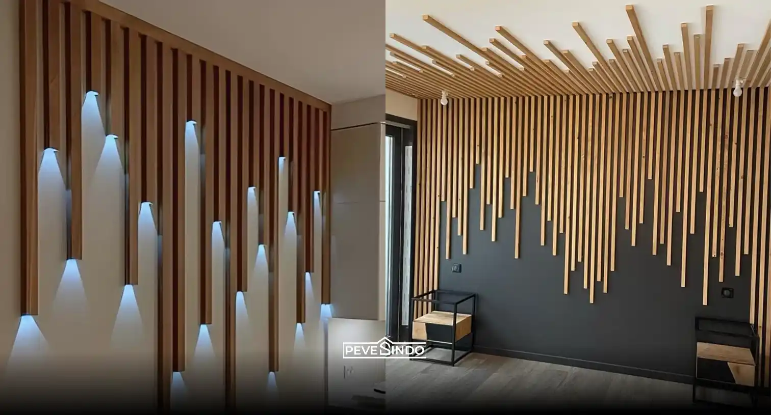 Kisi kisi kayu WPC menutupi permukaan dinding rumah yang tidak rata.