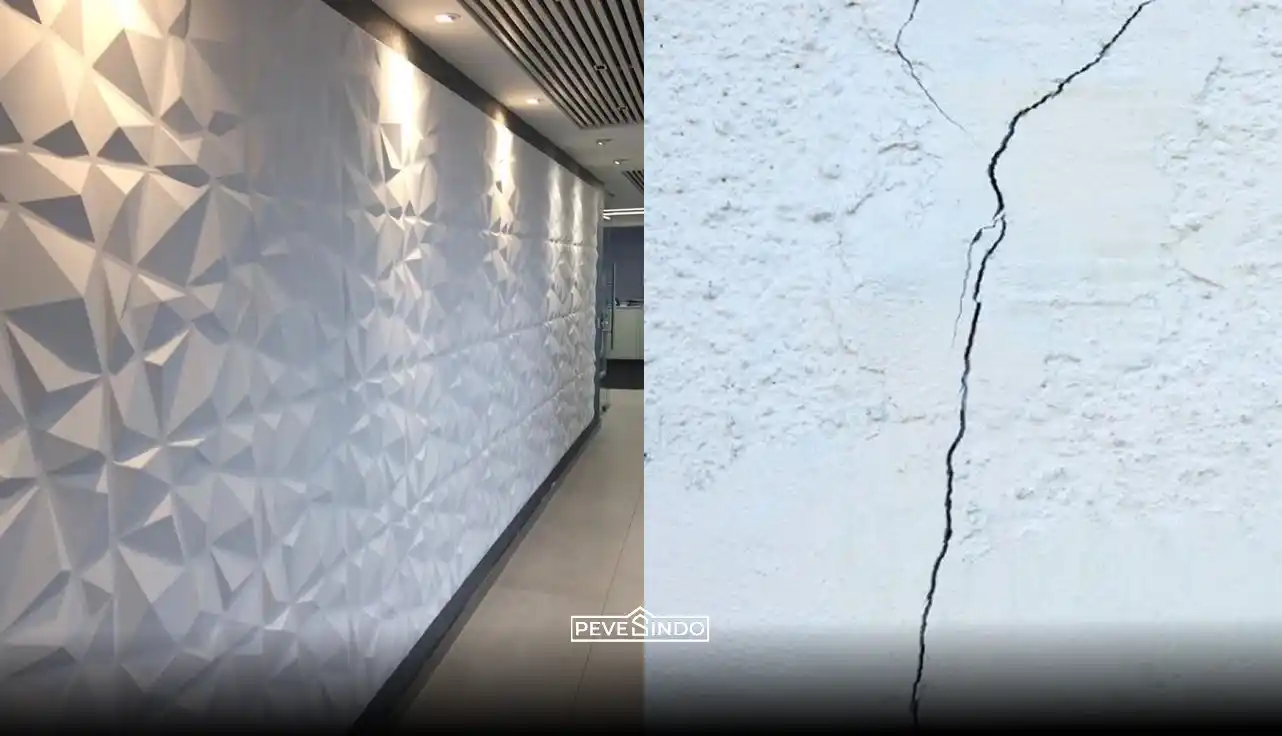 Pemasangan wall panel 3D bermotif gelombang untuk menutupi tembok retak di ruang keluarga