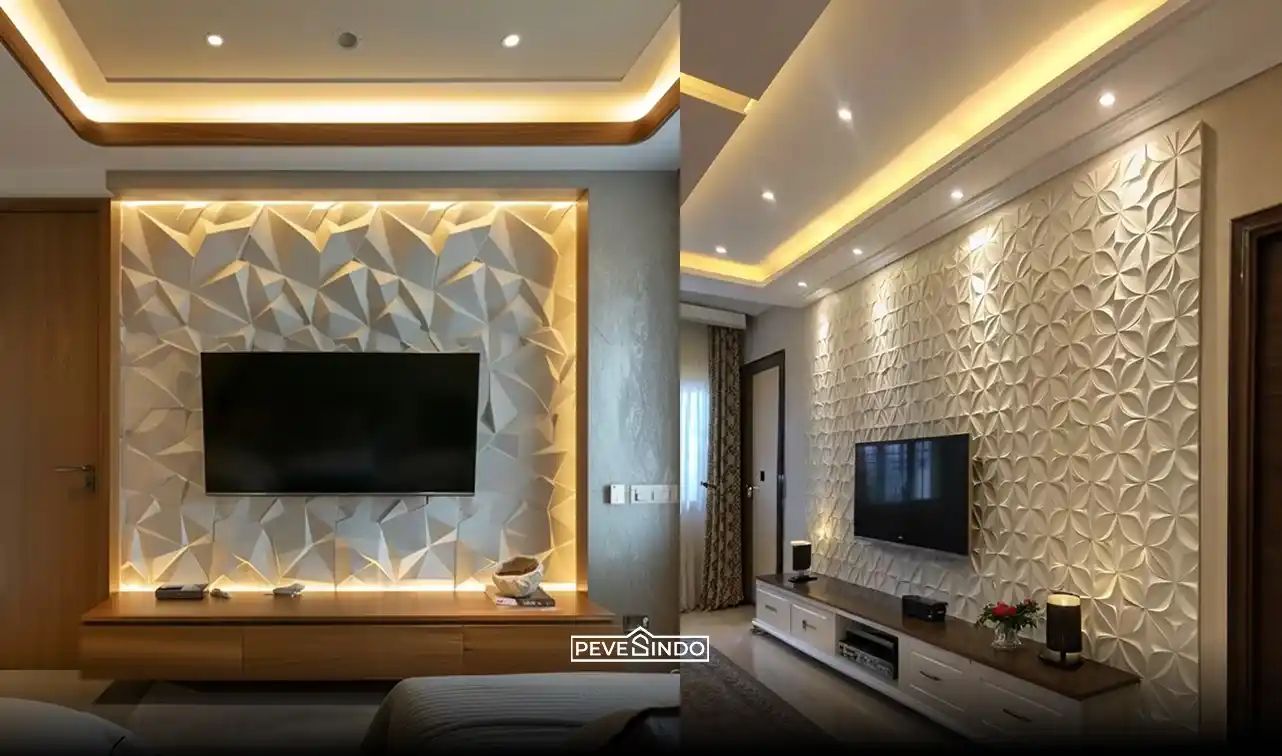 Ruang keluarga elegan dengan wall panel 3D di belakang televisi untuk mengurangi gema