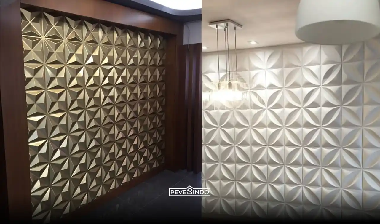 Wall panel 3D motif kayu dipasang di dinding belakang sofa ruang keluarga