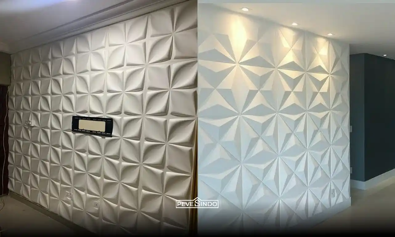 Desain open space dengan wall panel 3D sebagai penanda area khusus ruang keluarga