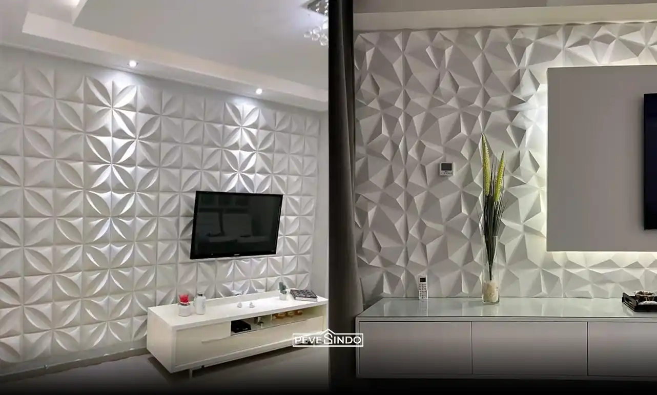 Panel dinding 3D modern yang rapi menyembunyikan instalasi kabel televisi di ruang keluarga
