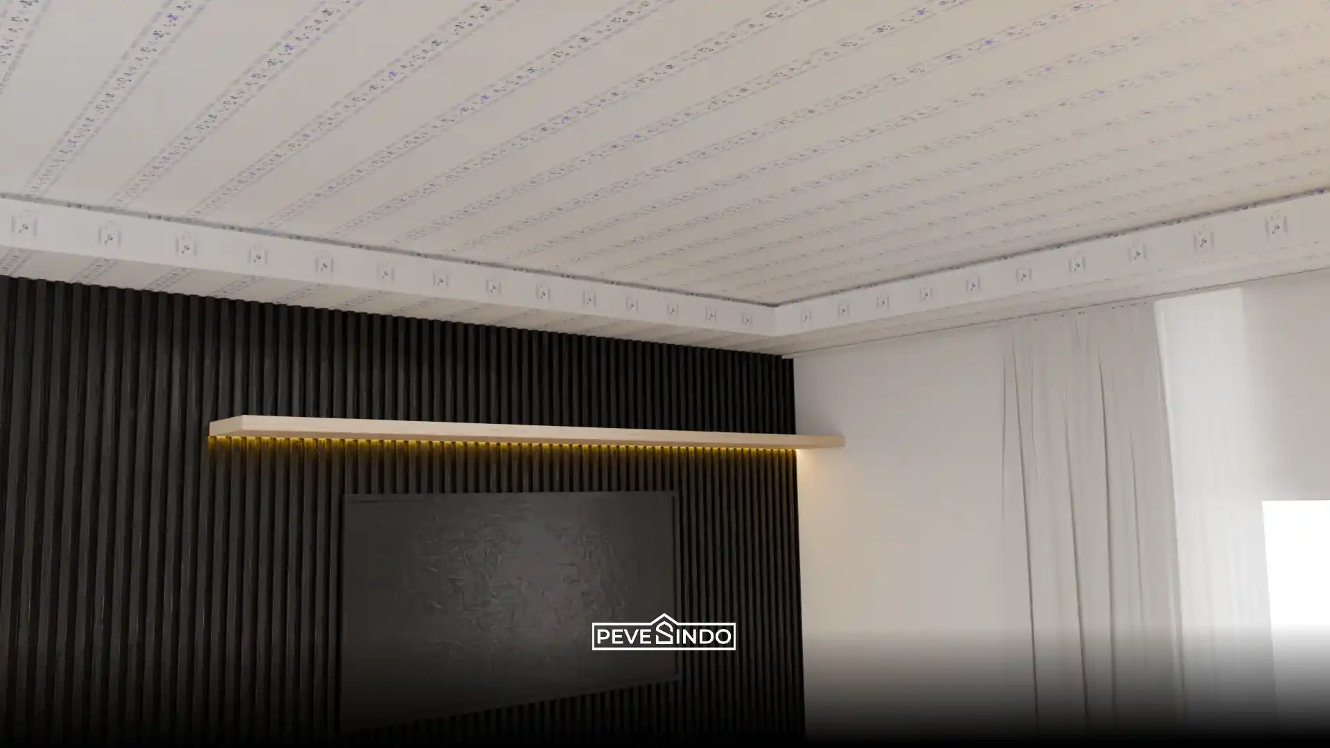 Detail desain backdrop TV modern maskulin menggunakan WPC wallpanel hitam bertekstur garis dengan rak kayu cerah dan lampu LED dari Pevesindo.