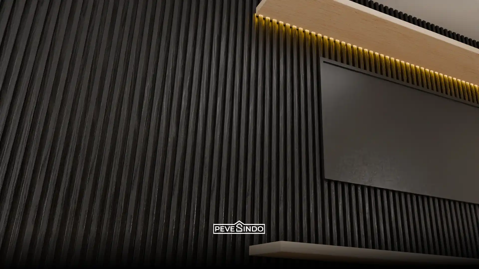 Detail desain backdrop TV modern maskulin menggunakan WPC wallpanel hitam bertekstur garis dengan rak kayu cerah dan lampu LED dari Pevesindo.