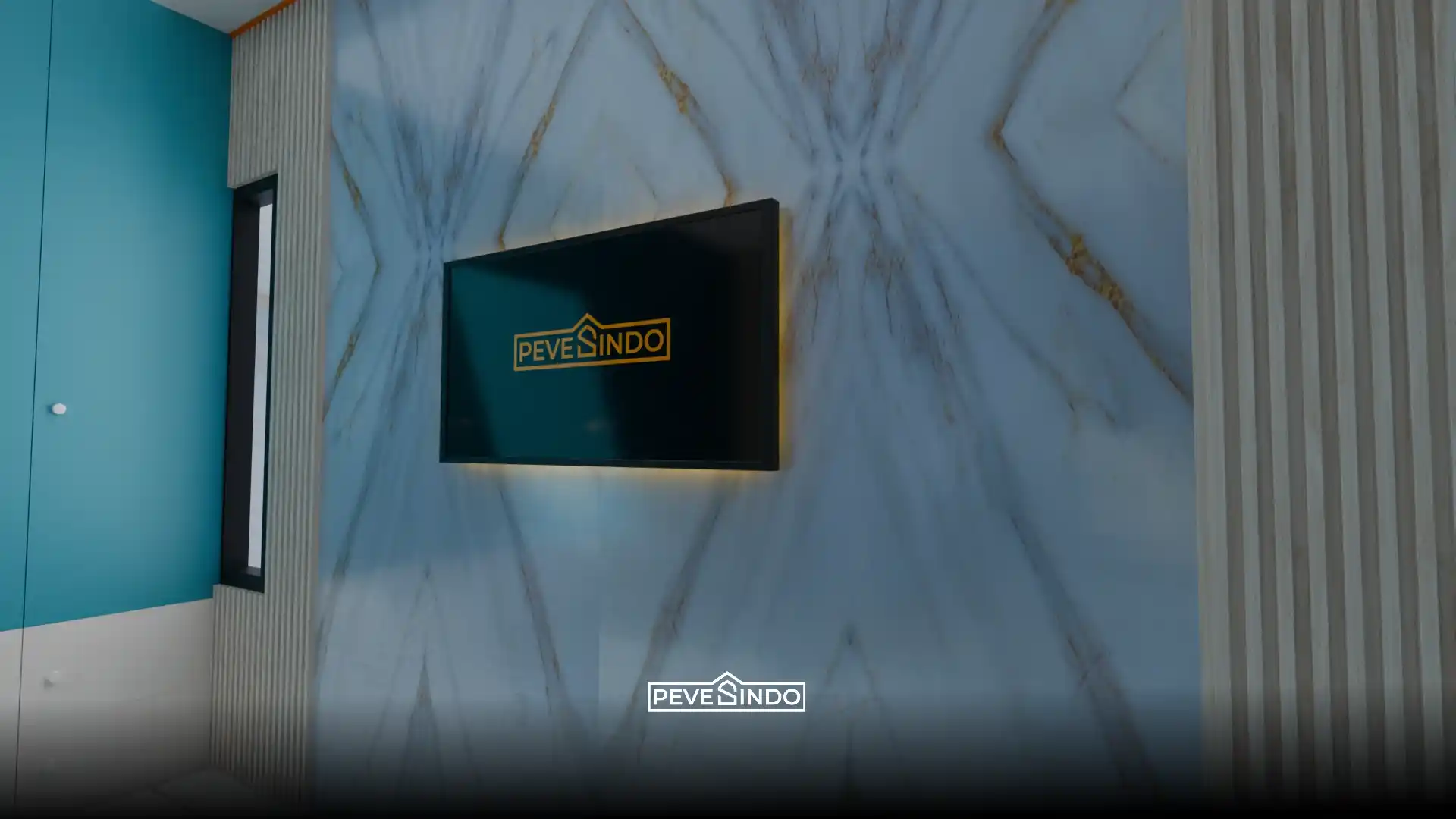 Detail desain dinding TV modern dengan perpaduan panel UV board motif marmer berpola simetris dan WPC wallpanel kayu cerah dari Pevesindo.