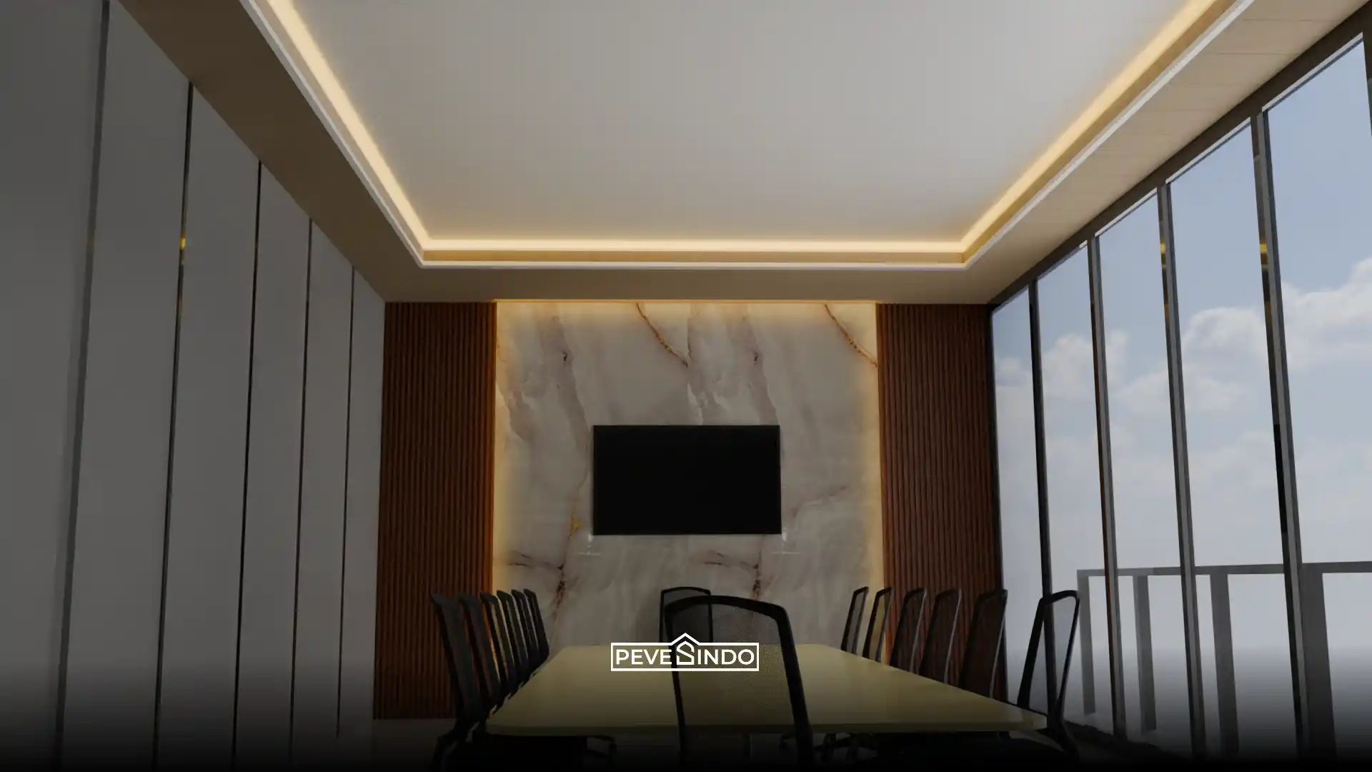 Desain interior ruang rapat modern dengan meja konferensi dan backdrop TV mewah menggunakan kombinasi UV board motif marmer bercahaya LED serta WPC wallpanel cokelat gelap dari Pevesindo.
