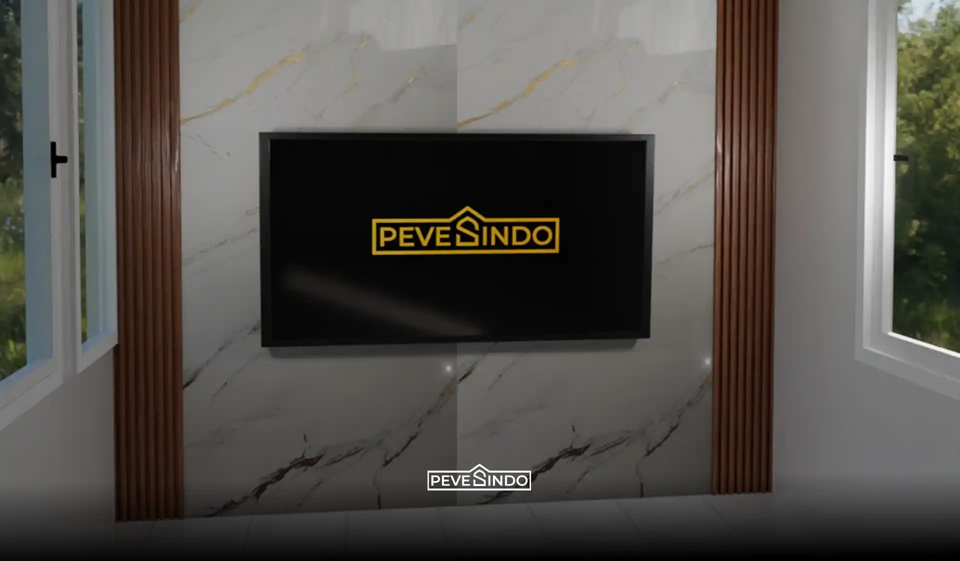 Desain backdrop TV simetris minimalis diapit jendela menggunakan perpaduan UV board marmer putih dan WPC wallpanel kayu cokelat dari Pevesindo.