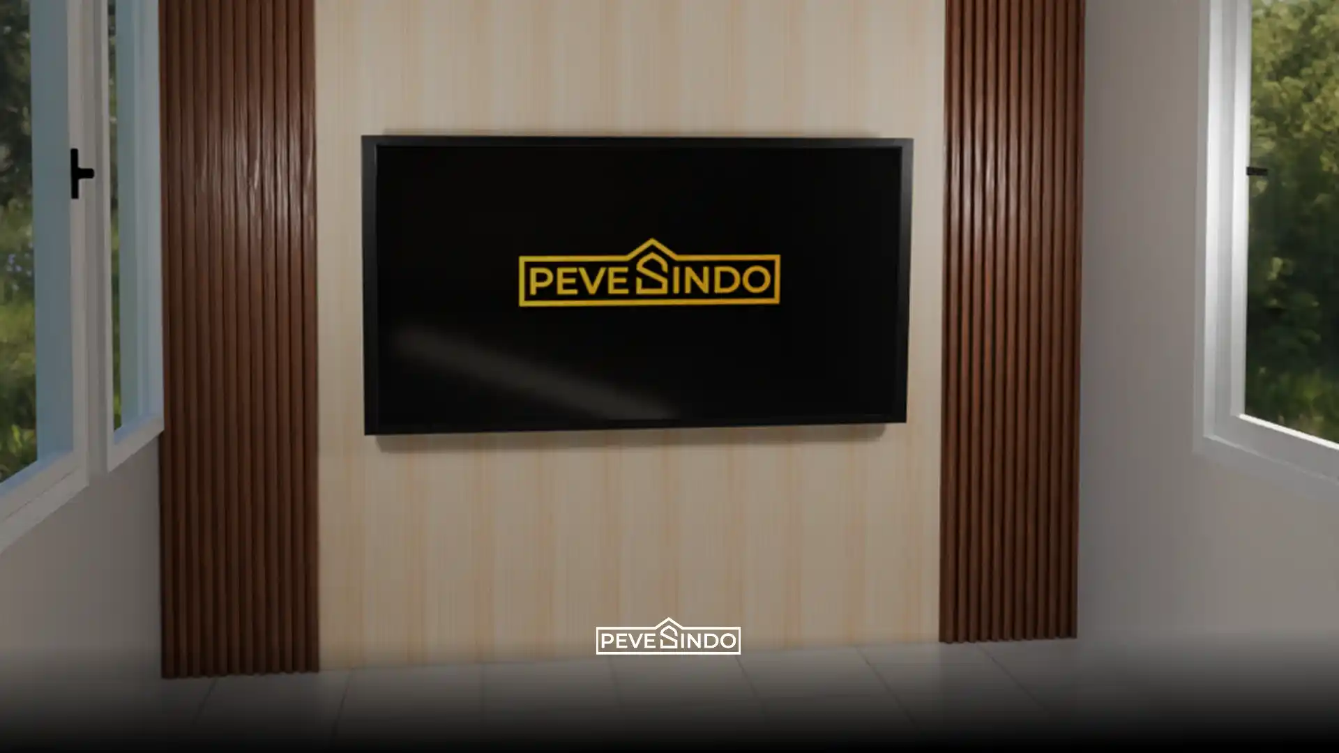 Desain backdrop TV minimalis modern bergaya simetris memadukan WPC wallpanel cokelat gelap dan panel kayu cerah dari Pevesindo.