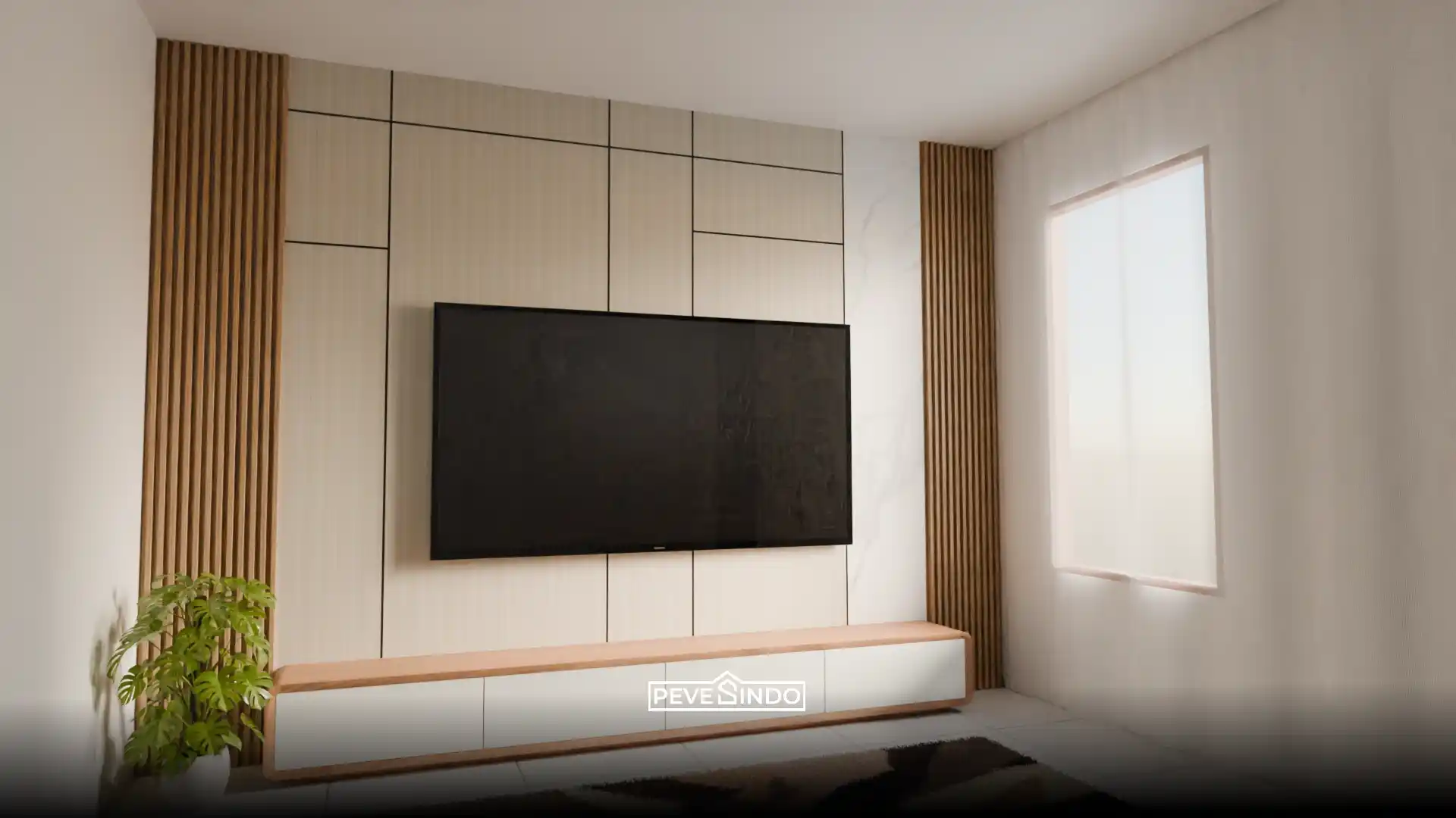 Desain ruang TV modern minimalis bernuansa terang ala Japandi menggunakan kombinasi WPC wallpanel kayu natural, panel krem bergaris, dan UV board marmer putih dari Pevesindo.