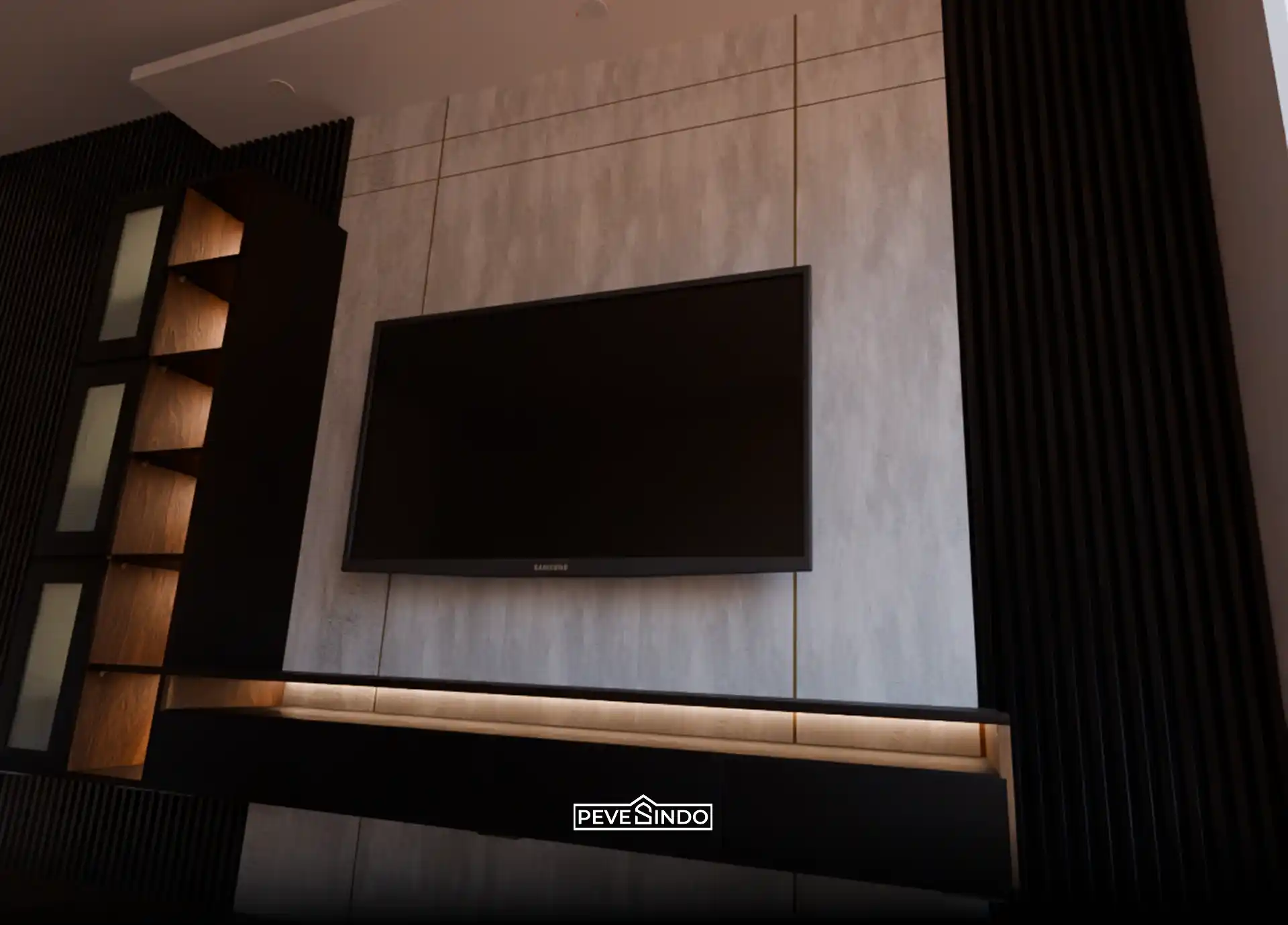 Inspirasi dinding TV modern maskulin dengan panel tengah UV board abu-abu industrial bergaris emas, WPC wallpanel hitam, dan kabinet gantung minimalis dari Pevesindo untuk menyembunyikan kabel.