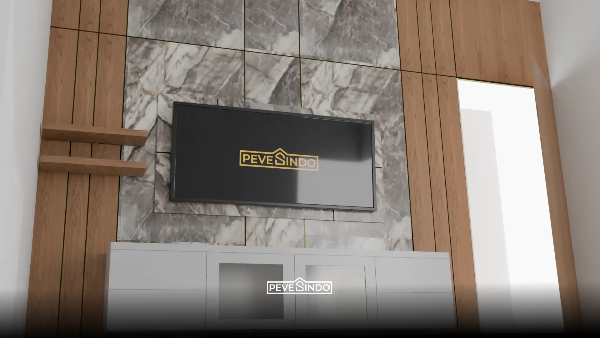 Desain TV backdrop elegan memadukan panel kayu WPC wallpanel dan UV board motif marmer abu-abu dilengkapi kabinet putih dari Pevesindo.