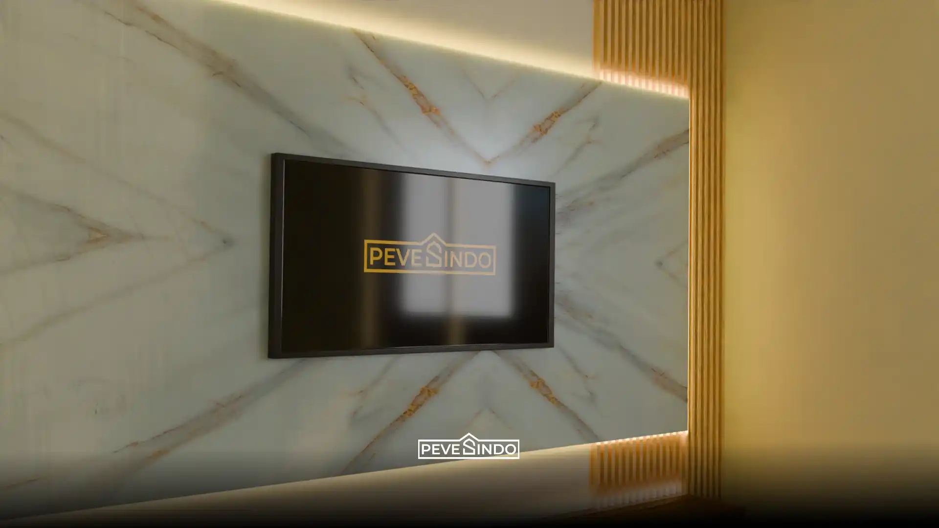 Desain backdrop TV modern elegan menggunakan kombinasi UV board motif marmer dan WPC wallpanel kayu dengan pencahayaan LED tersembunyi dari Pevesindo.