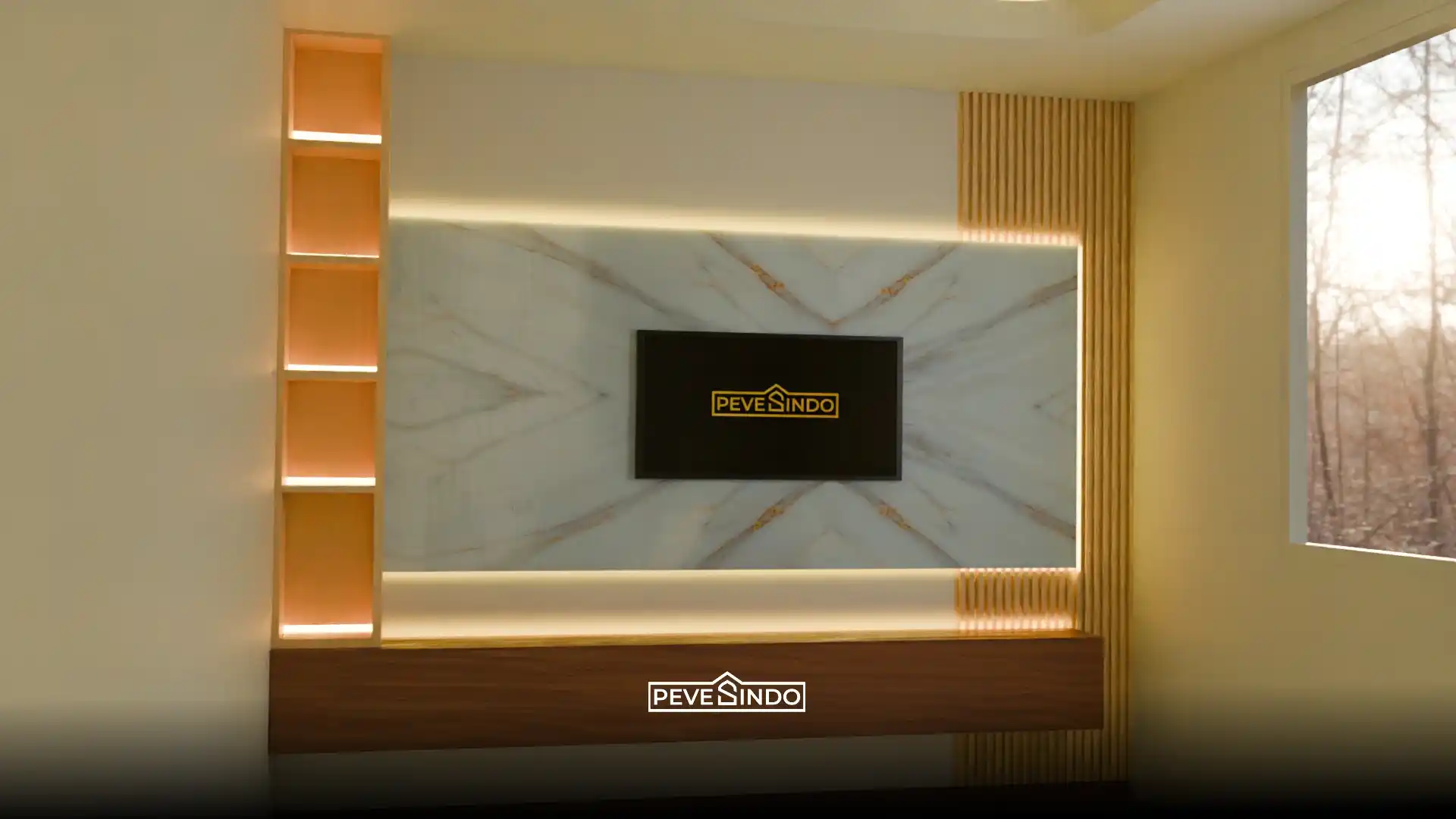 Desain backdrop TV modern elegan menggunakan kombinasi UV board motif marmer dan WPC wallpanel kayu dengan pencahayaan LED tersembunyi dari Pevesindo.