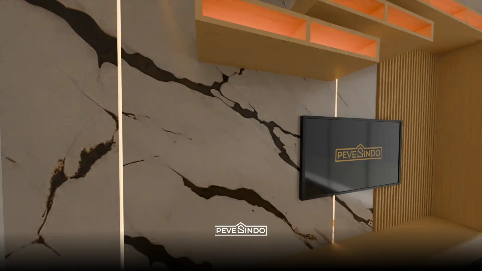 Desain TV backdrop modern minimalis menggunakan kombinasi UV board marmer putih dan WPC wallpanel kayu dengan pencahayaan LED strip dari Pevesindo.