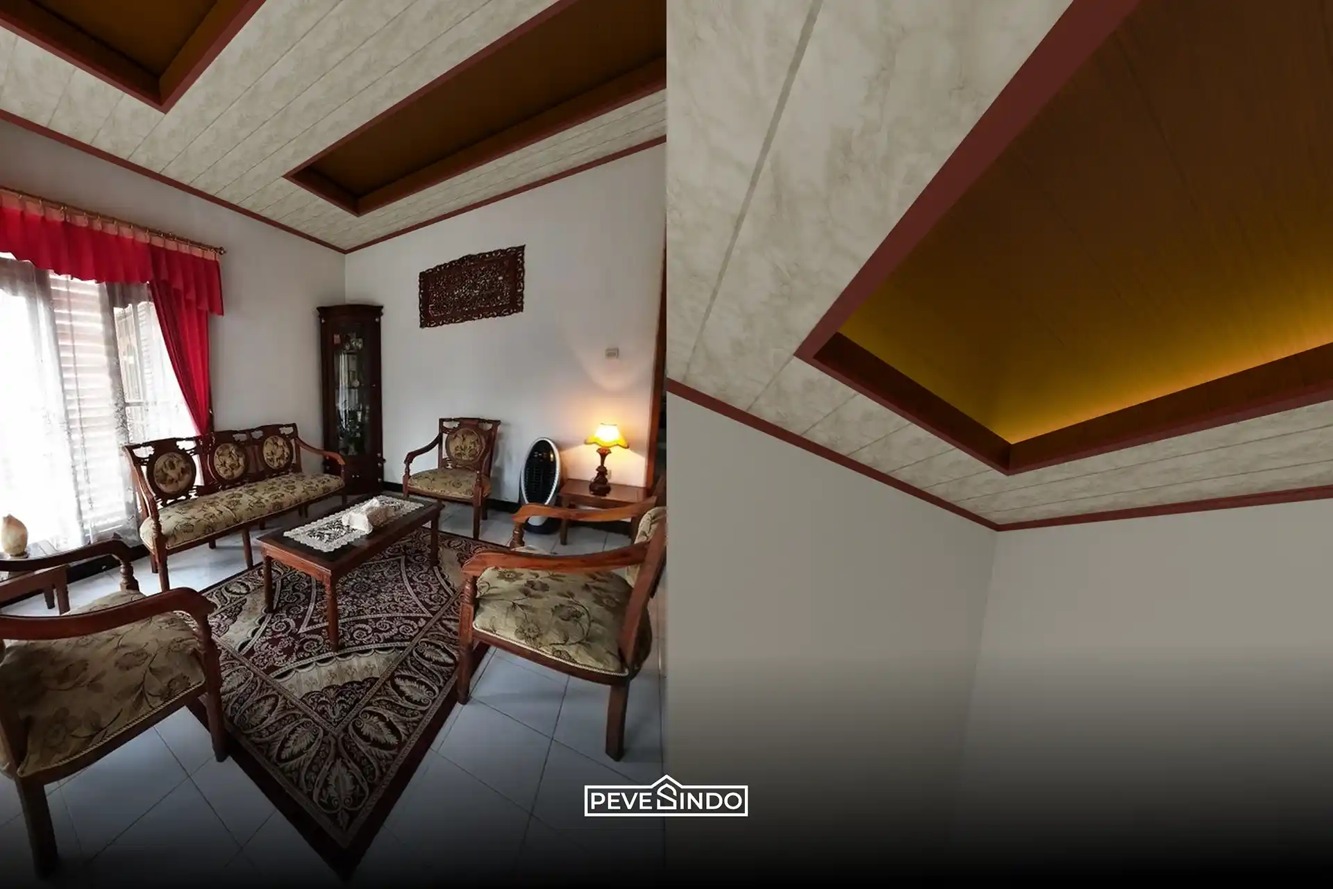 Ruang keluarga bergaya minimalis modern yang dipasangi plafon pvc dengan biaya pemasangan yang hemat.