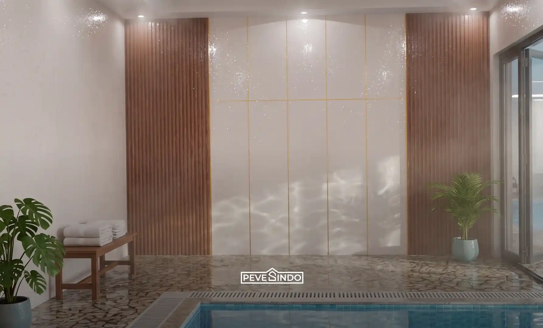 WPC fluted panel anti air di area transisi kolam renang dalam ruangan elit.