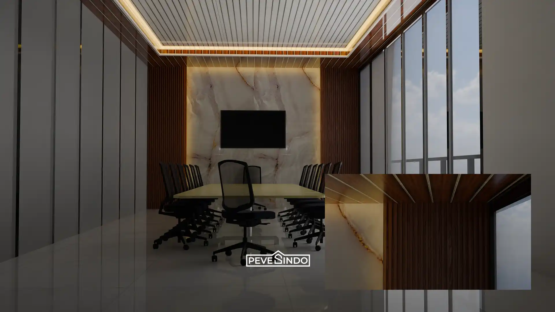 Ruang kerja eksekutif eksklusif dengan desain wallpanel dinding pevesindo yang elegan.