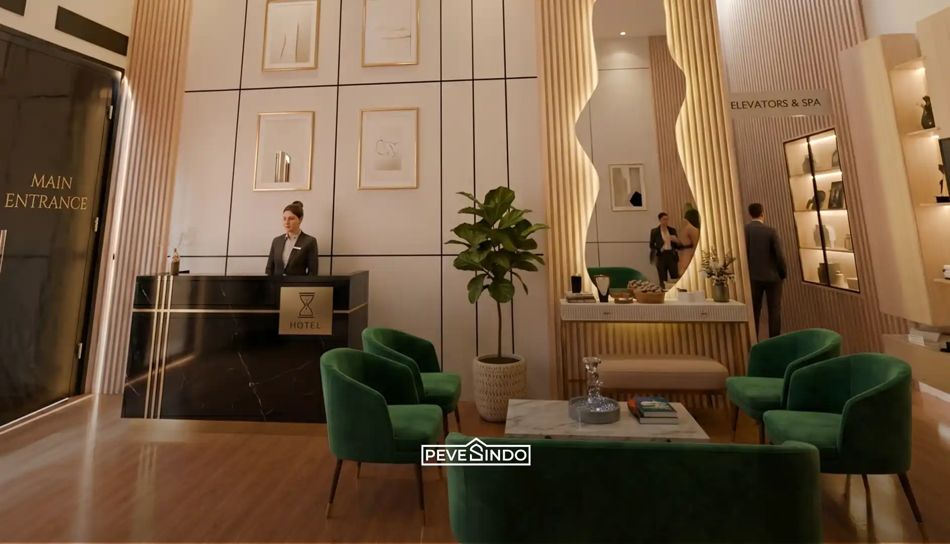 Penggunaan wpc fluted panel di lobi hotel mewah yang minim perawatan.