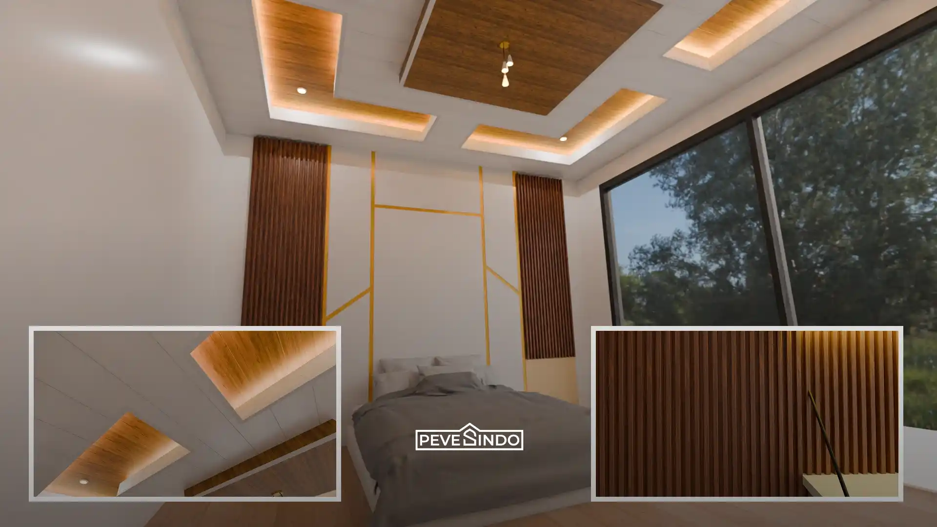 Kamar tidur villa di Jogja dengan dinding wall panel kayu yang hangat dan bebas jamur.