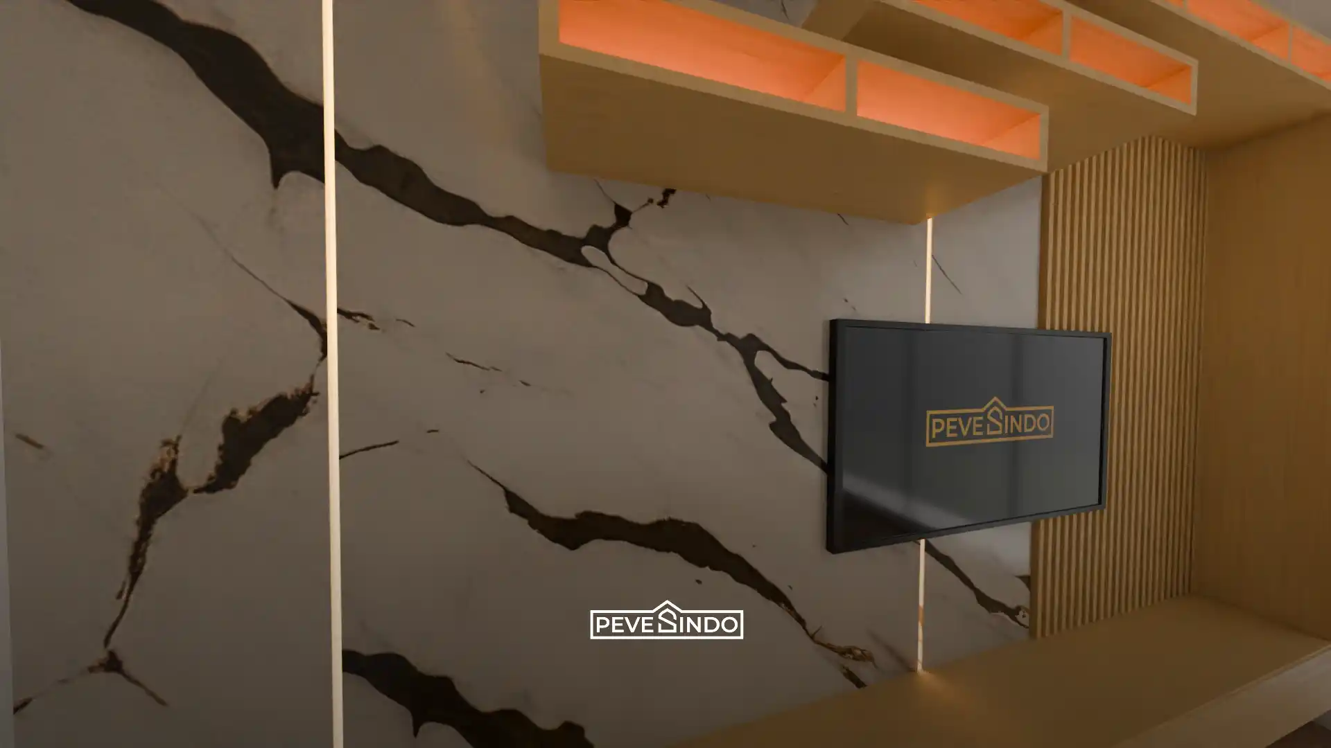 Ruang tamu lobi villa dengan dinding UV board motif marmer yang mewah dan mengkilap.