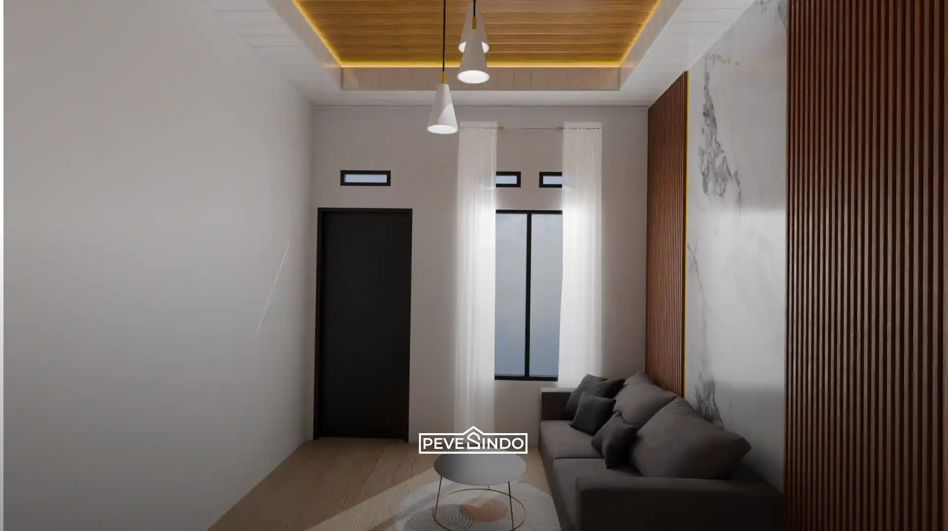 Dinding aksen ruang keluarga villa menggunakan fluted wall panel estetik untuk latar foto.