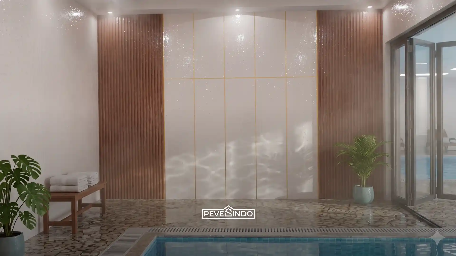 Teras semi outdoor villa dengan pelapis dinding panel yang tahan cuaca dan anti rayap.