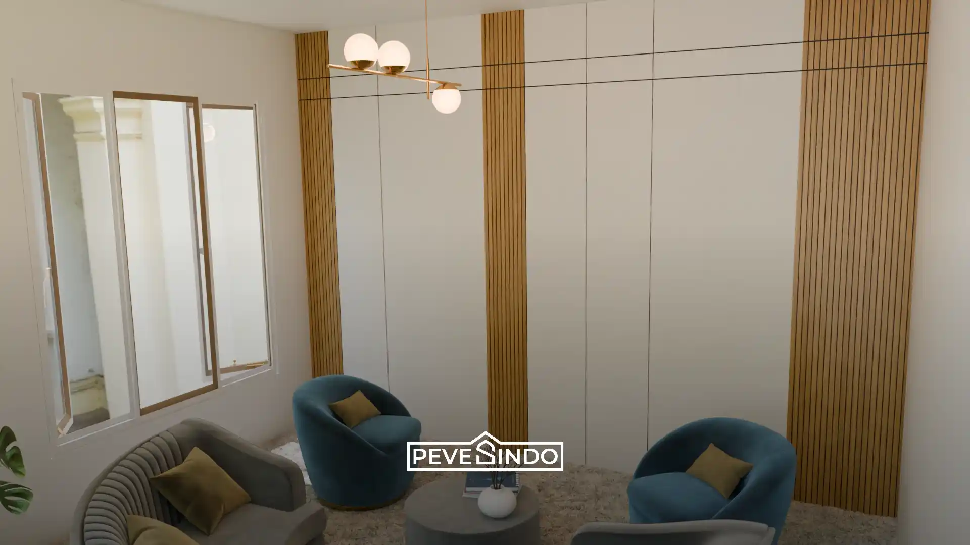 Desain dinding motif kayu diaplikasikan untuk suasana hangat di ruang keluarga.