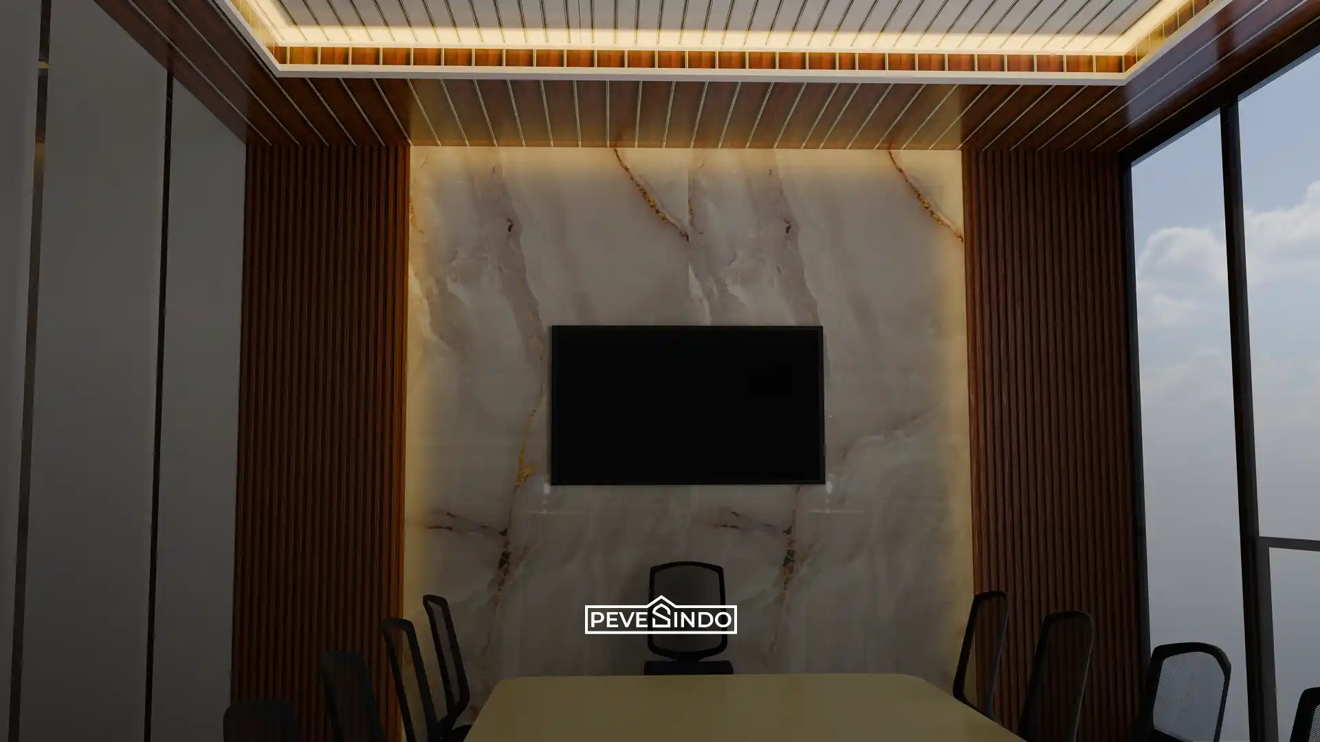 Desain interior ruang meeting modern dengan dinding aksen UV board motif marmer yang elegan, diapit wallpanel kayu kisi-kisi, serta plafon PVC bernuansa hangat.