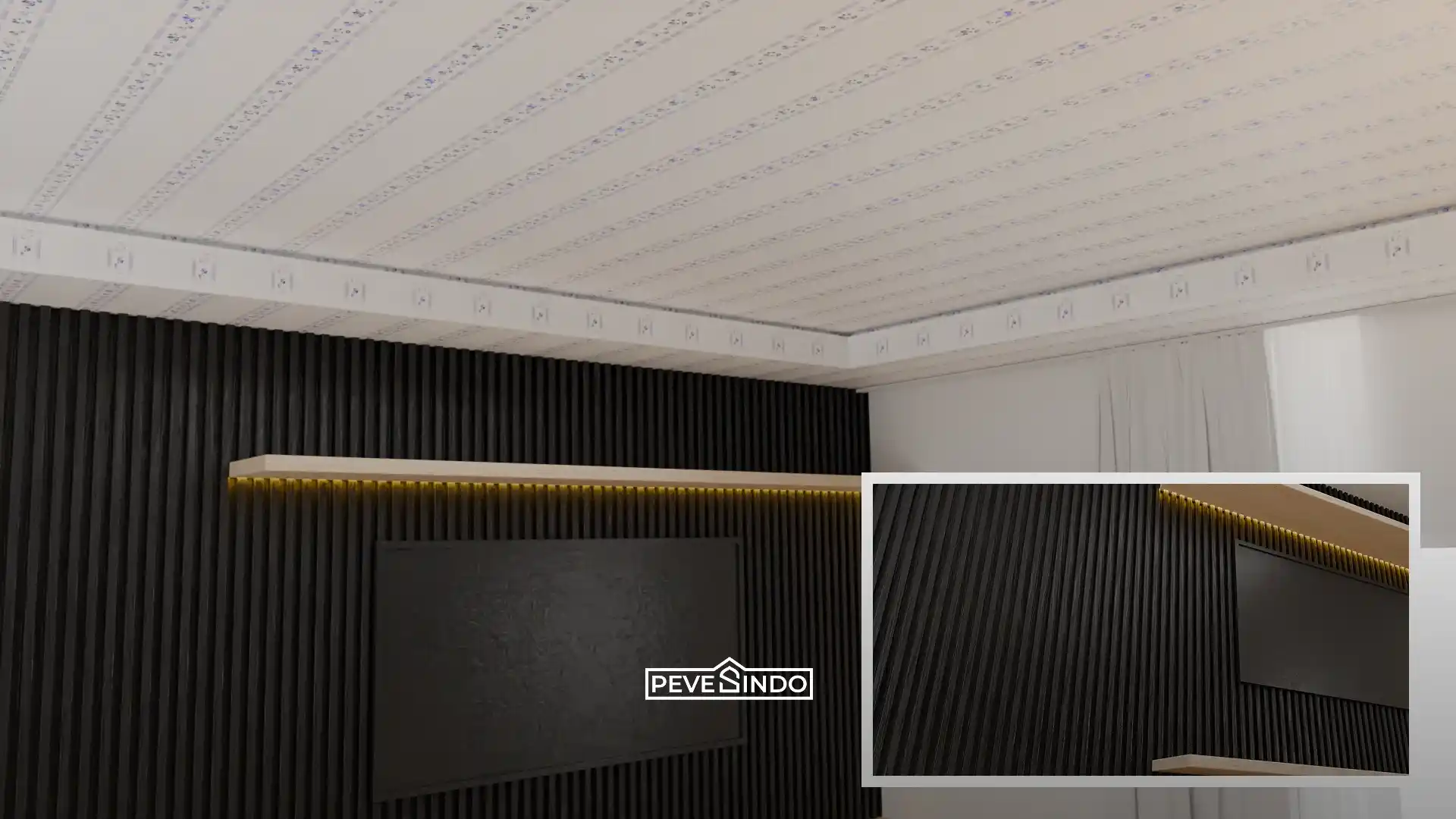 Interior ruang TV minimalis modern yang menampilkan dinding aksen wallpanel WPC kisi-kisi warna hitam elegan dipadukan dengan plafon PVC putih bermotif halus dan pencahayaan tersembunyi.