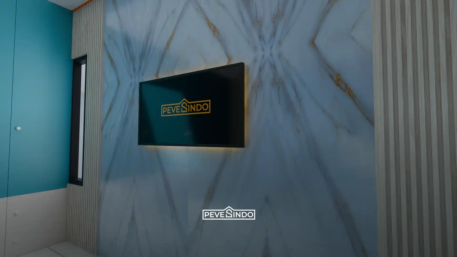 Desain backdrop TV modern yang mewah menggunakan material interior UV Board motif marmer bookmatch dengan urat keemasan, diapit oleh wallpanel WPC kisi-kisi berwarna kayu terang.