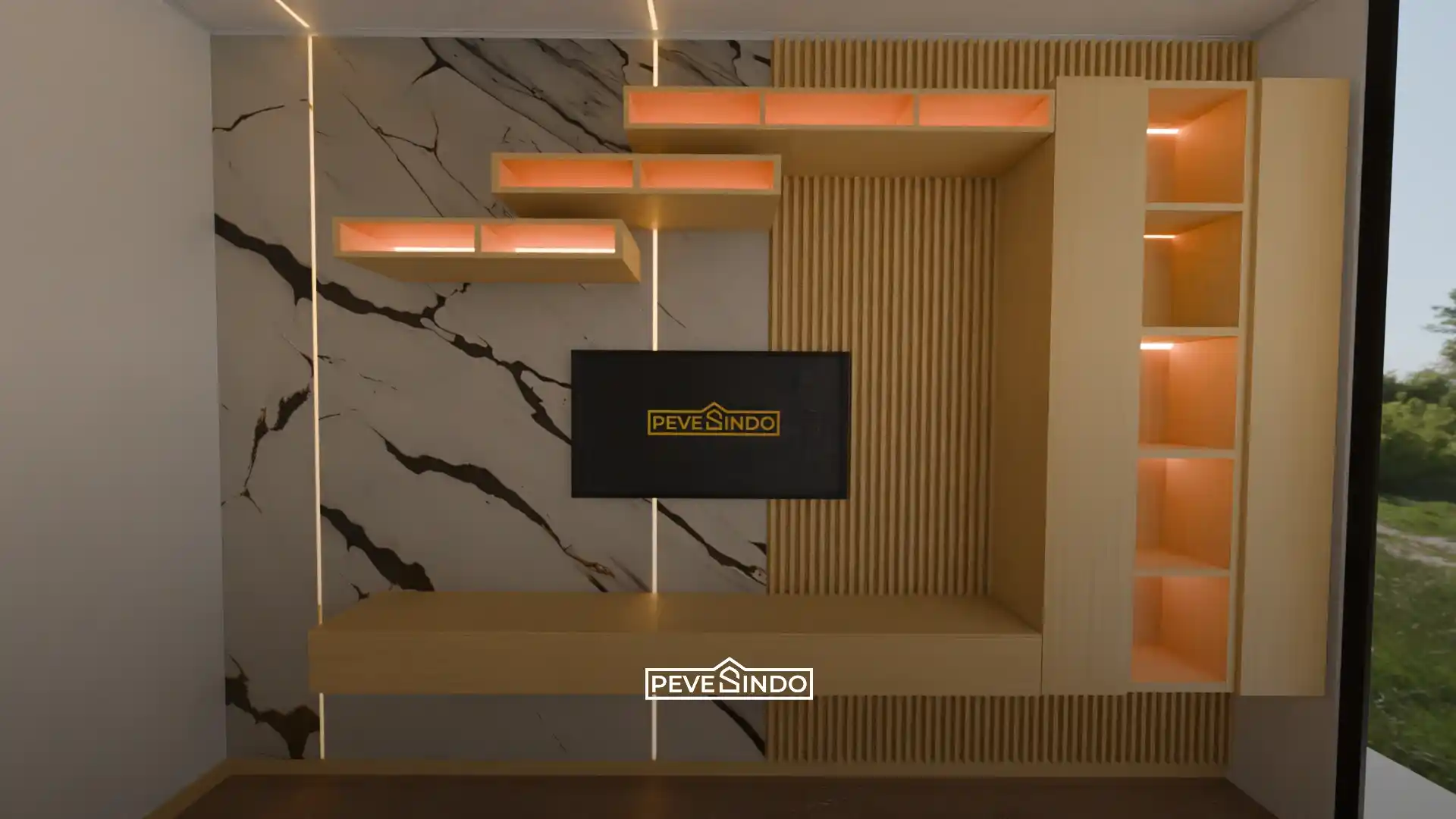 Desain interior backdrop TV minimalis modern yang mengombinasikan material UV Board motif marmer putih urat hitam elegan dengan wallpanel WPC kisi-kisi kayu natural, dilengkapi rak ambalan fungsional beraksen pencahayaan LED hangat.
