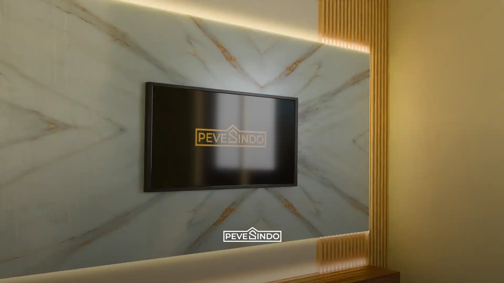 Desain backdrop TV mewah dengan panel dinding UV Board motif marmer bookmatch berurat emas yang dihiasi pencahayaan LED tersembunyi dan aksen wallpanel WPC kisi-kisi bernuansa kayu.