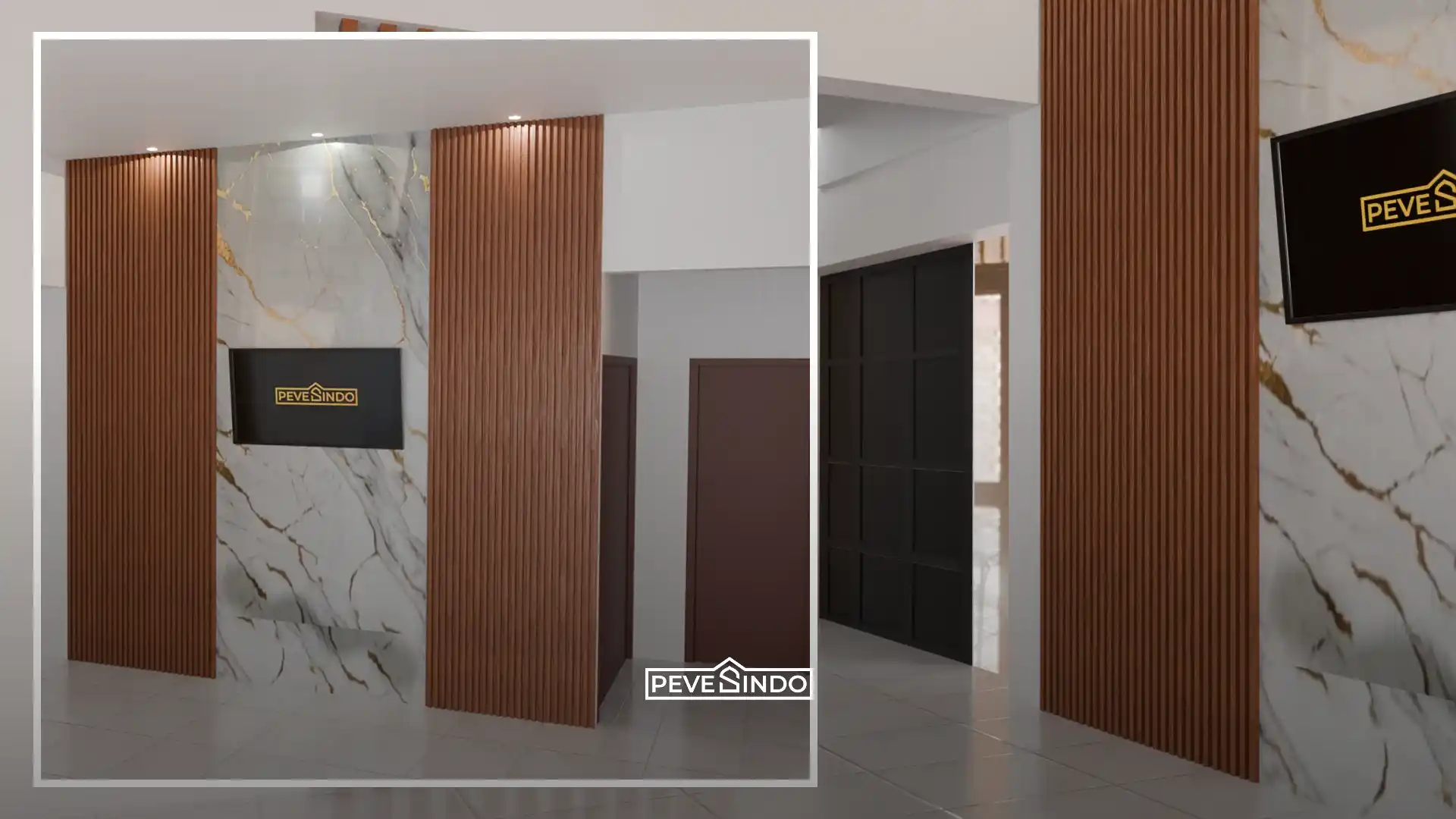 Desain partisi ruangan modern dengan backdrop TV yang memadukan material UV Board motif marmer putih berurat emas dan wallpanel WPC kisi-kisi kayu berwarna cokelat hangat.