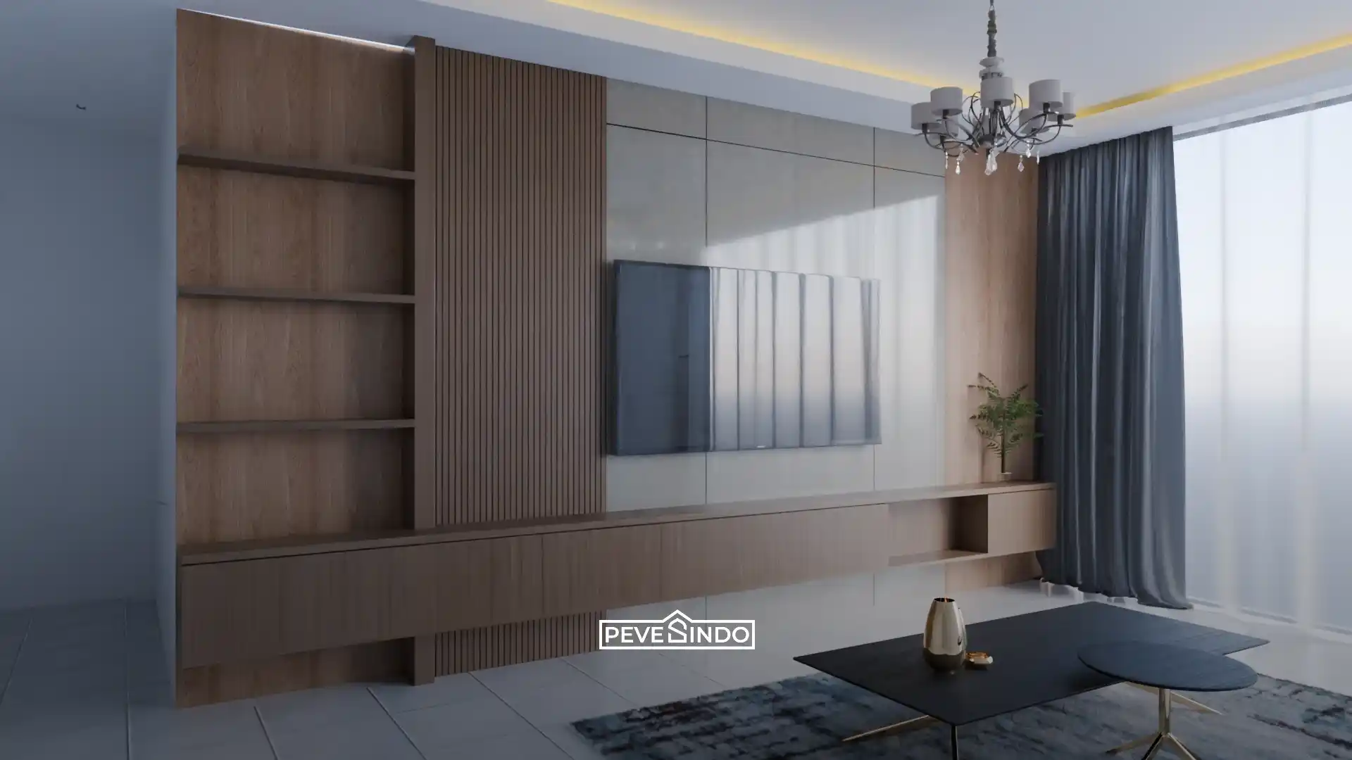 Desain interior ruang keluarga modern dengan backdrop TV elegan yang memadukan panel UV board glossy berwarna netral, wallpanel WPC kisi-kisi kayu, serta rak penyimpanan minimalis.