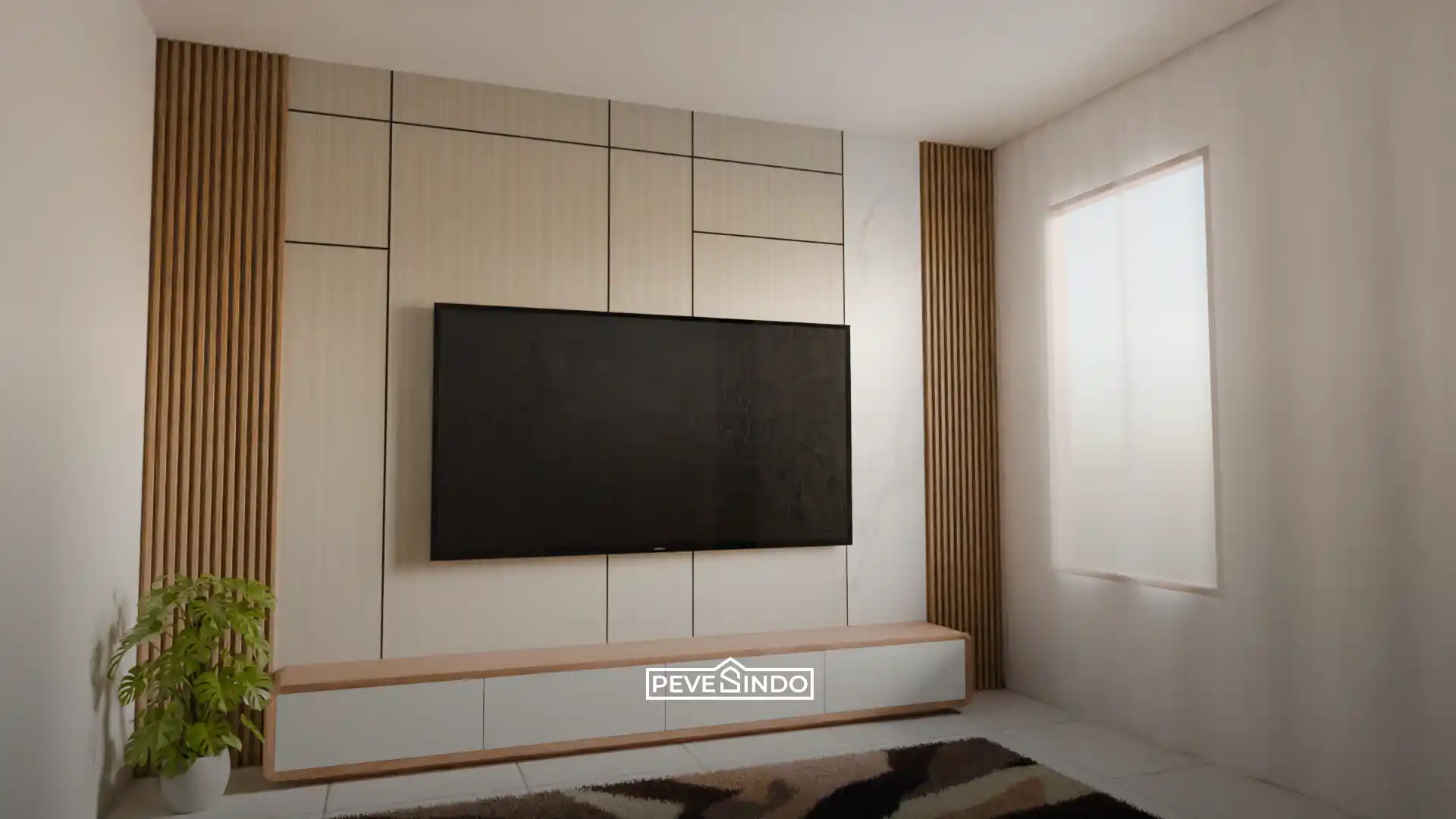 Desain backdrop TV ruang keluarga berkonsep minimalis modern bergaya Japandi yang memadukan aksen wallpanel WPC kisi-kisi kayu, panel dinding warna natural bergaris, dan sentuhan UV Board marmer putih.