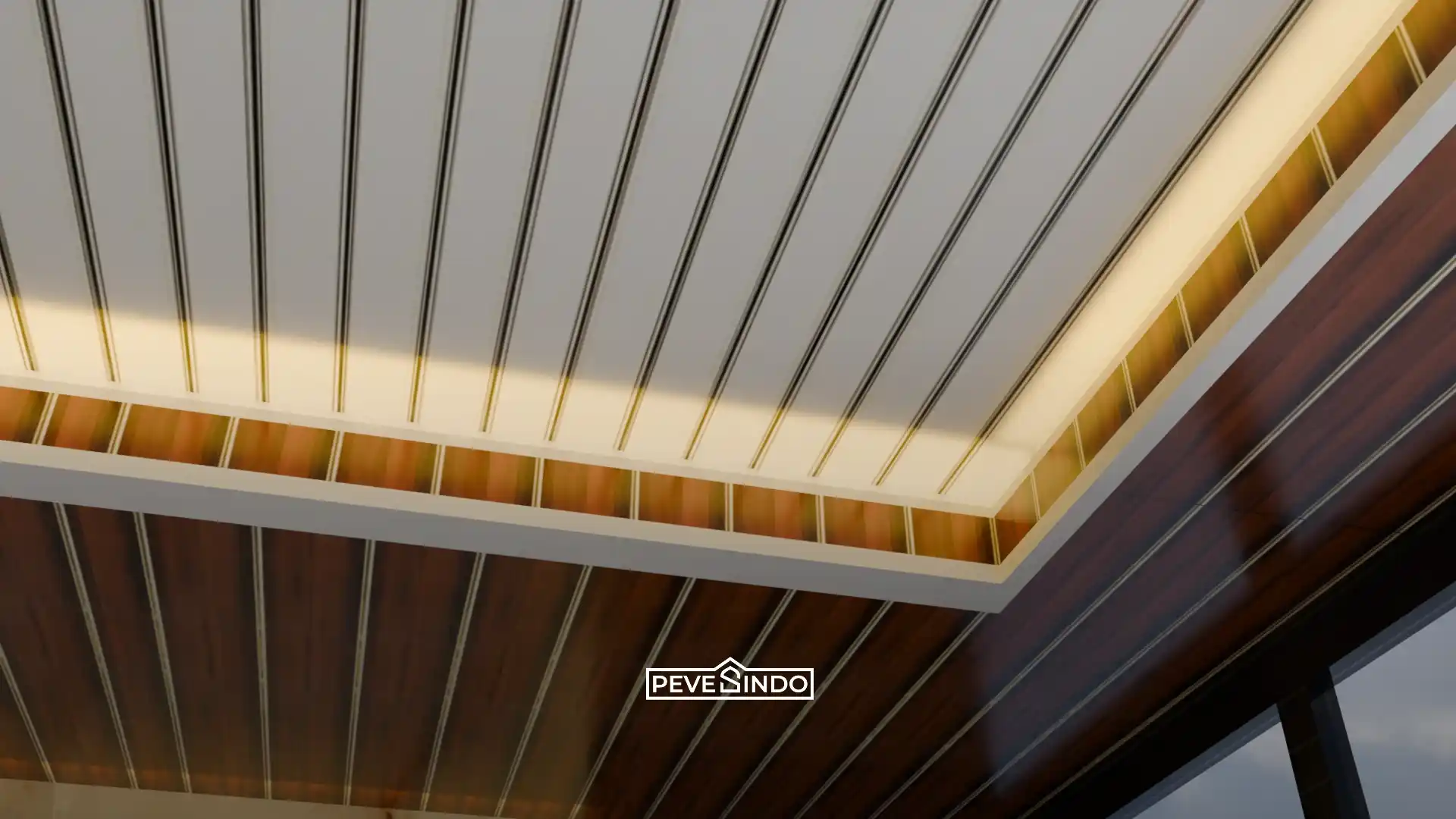 Plafon PVC drop ceiling kombinasi panel putih dan motif kayu dengan lampu LED tersembunyi untuk interior modern.