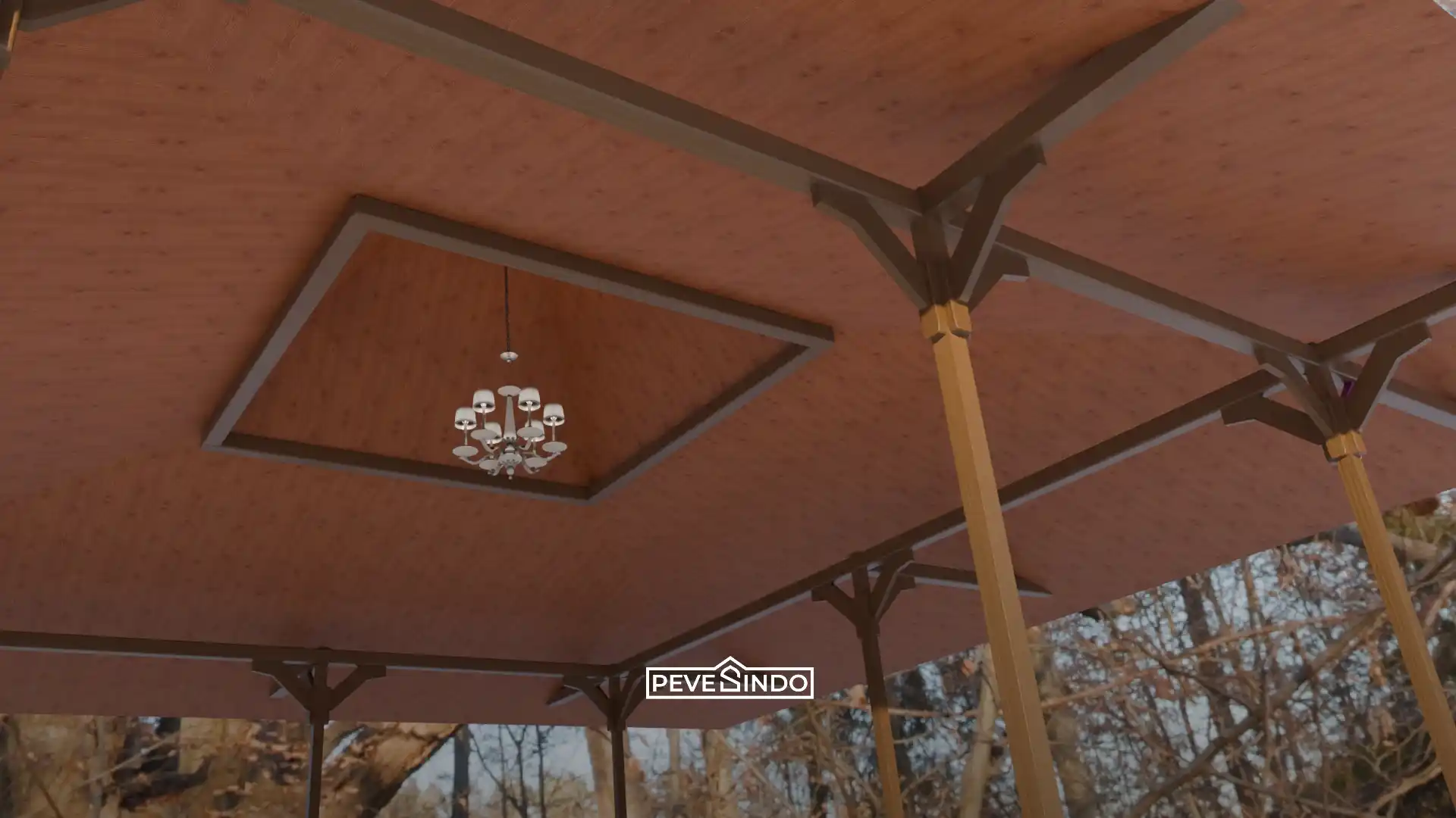 Plafon PVC motif kayu pada atap gazebo dengan lampu gantung klasik.