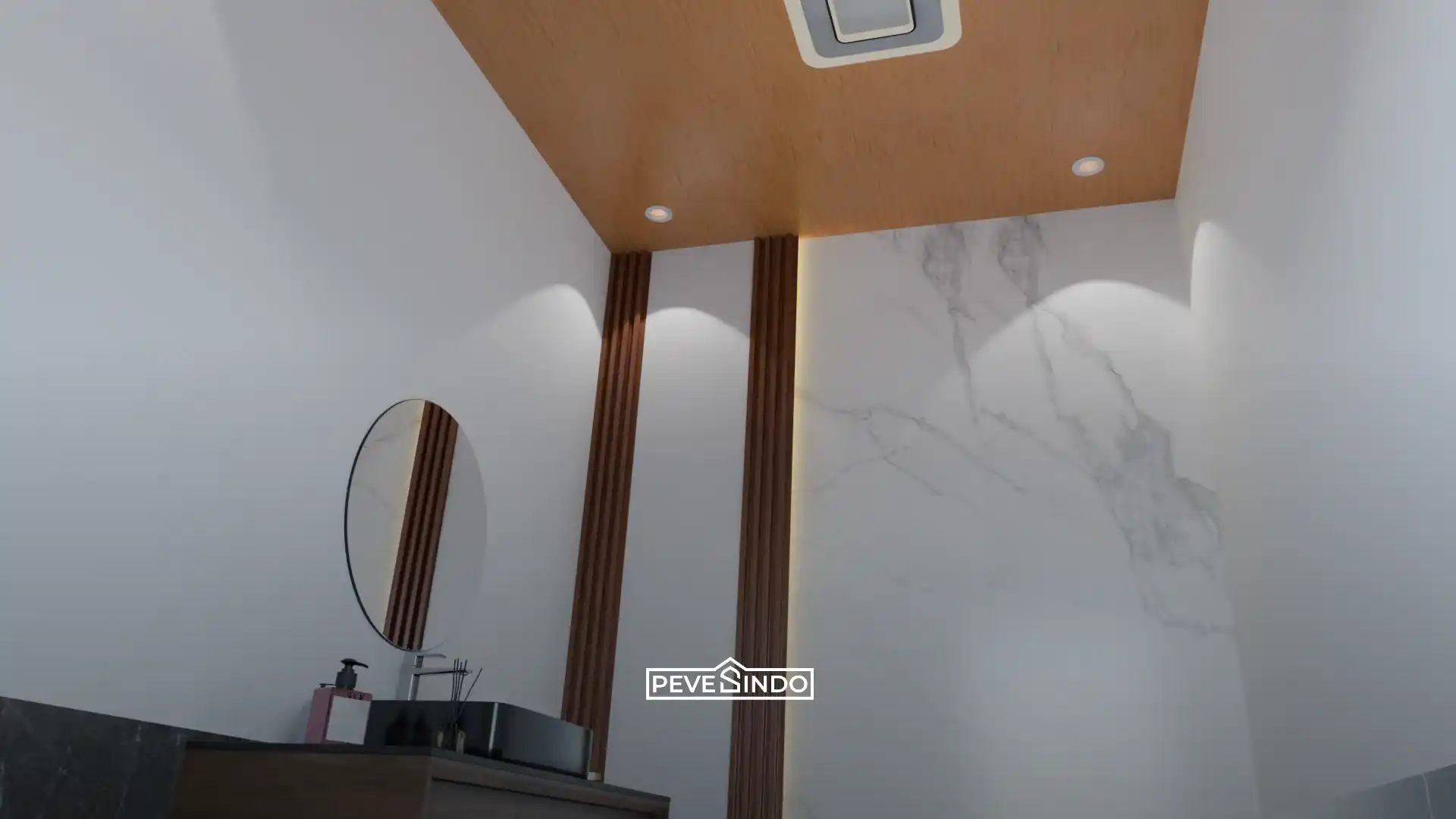 Kamar mandi modern dengan plafon PVC motif kayu dan dinding marmer putih.